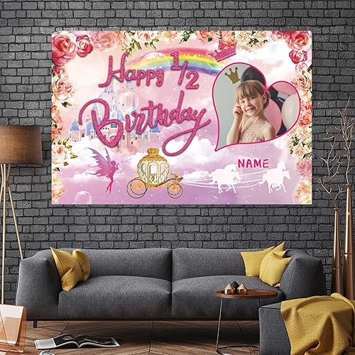 Miniatura 5 de Cartel personalizado de decoración de fiesta de cumpleaños de medio año, tema de princesa, feliz 12 cumpleaños, corona de carruaje de castillo real,