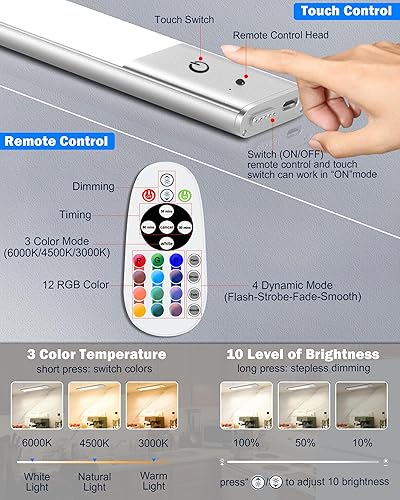 Miniatura 4 de 79-LED Under Cabinet Lights, 15 Colors Uitra-Thin Closet Lights Rechargeable Wireless Under Counter Lighting with Remote Control, Dimmable RGB Light