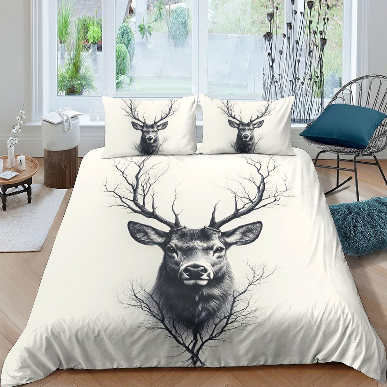 Ctjqhvkz Style-4 3D Printed Deer Antlers Fitted Sheet Microfiber Soft Breathable Forest Stag Bed Cover For Bedroom Guestroom Decor Single（135X200cm）