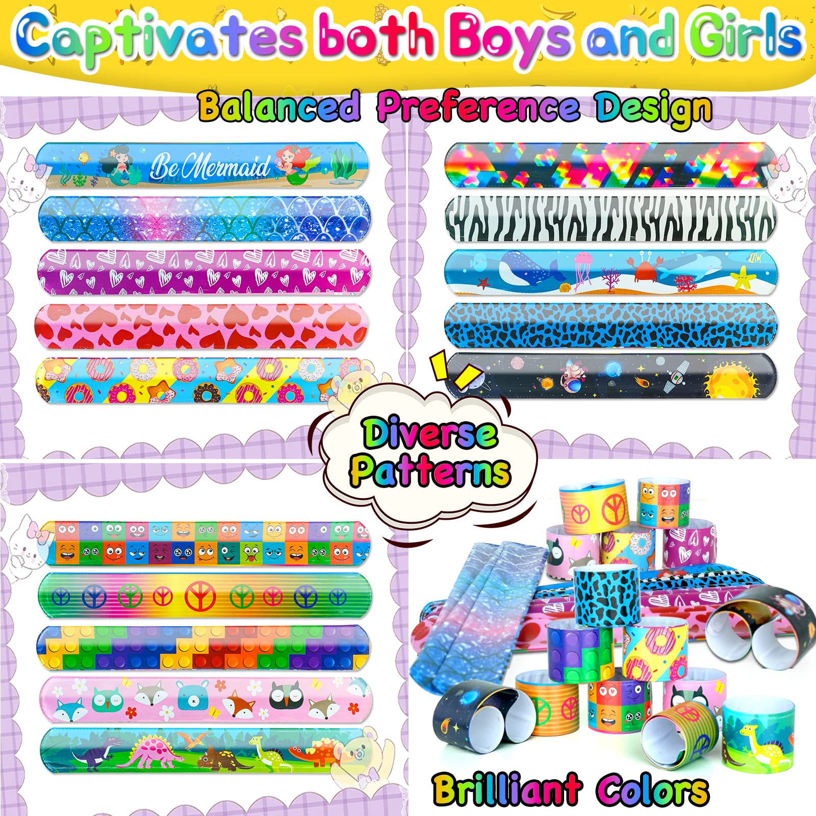 Slap Bracelets Bulk Party Favors for Kids Snap Bracelets Wristbands Goodie Bag Stuffers Prizes for Kids Classroom Treasure Box Toys Party Toys Galaxy Dinosaurs Animals Heart Various Styles 48Pack 1