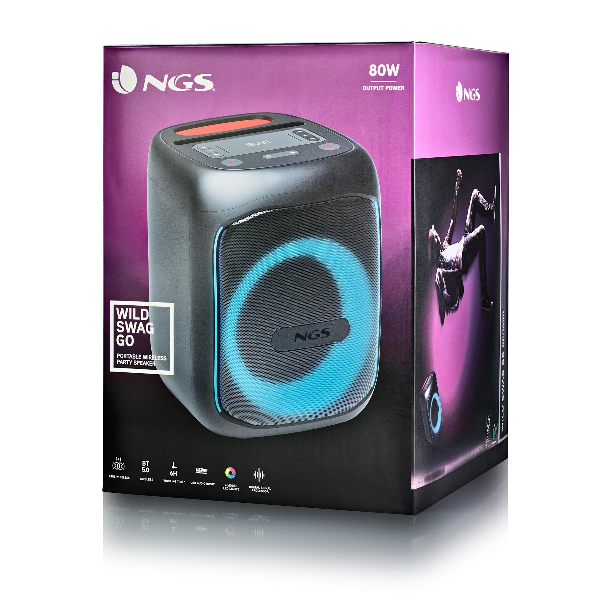 NGS Wild Swag Go-Altavoz portátil Compatible con tecnología Bluetooth 80W | Función TWS , entrada de micrófono y pantalla LED; batería de 10h. Entradas USB/TF/AUX IN y luces LED para fiestas.