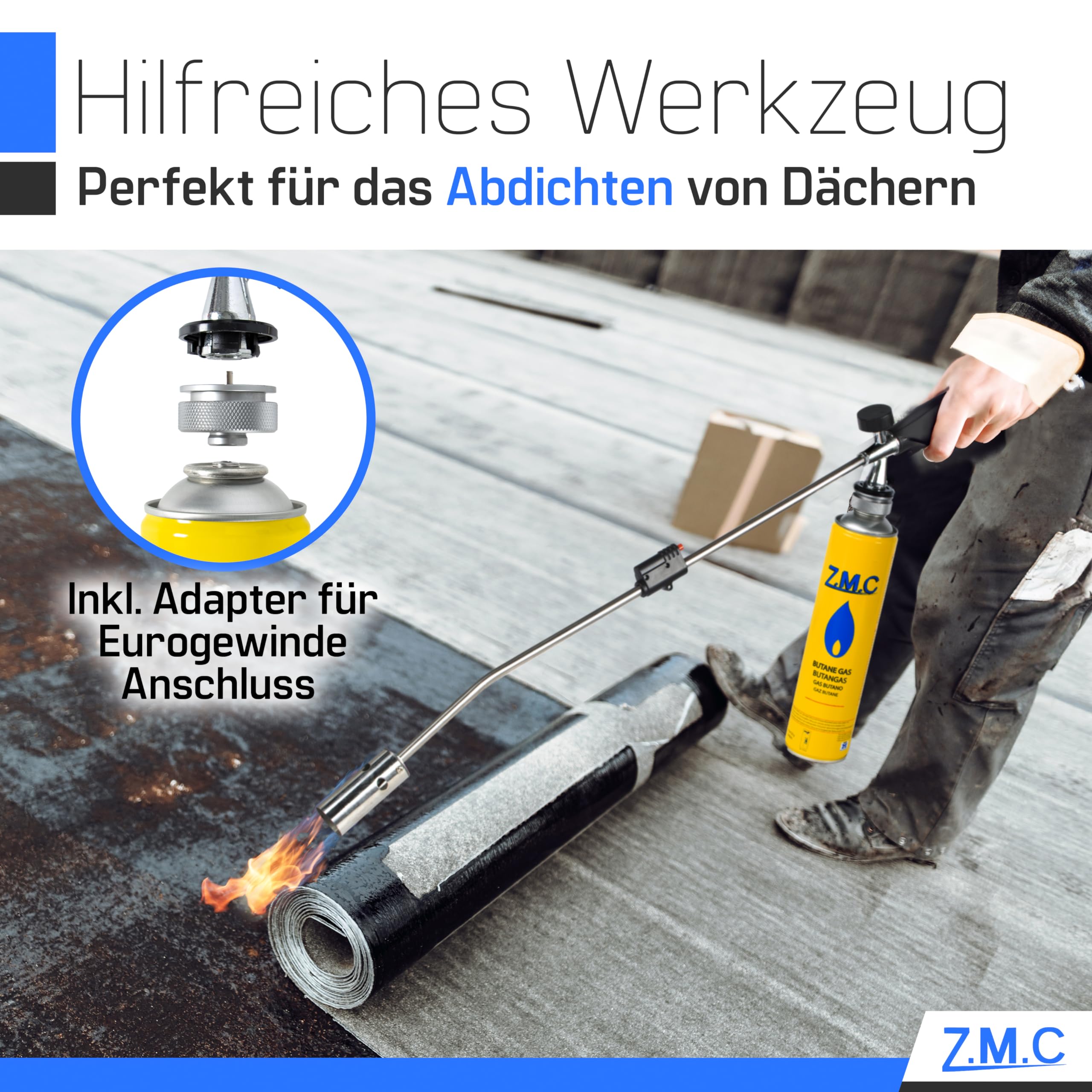 ZMC - Herbicida de 2,5 kW + 4 cartuchos de gas de 330 g, incluye adaptador para rosca europea, quemador de malas hierbas con encendido piezoeléctrico, dispositivo de combustión con potencia de llama