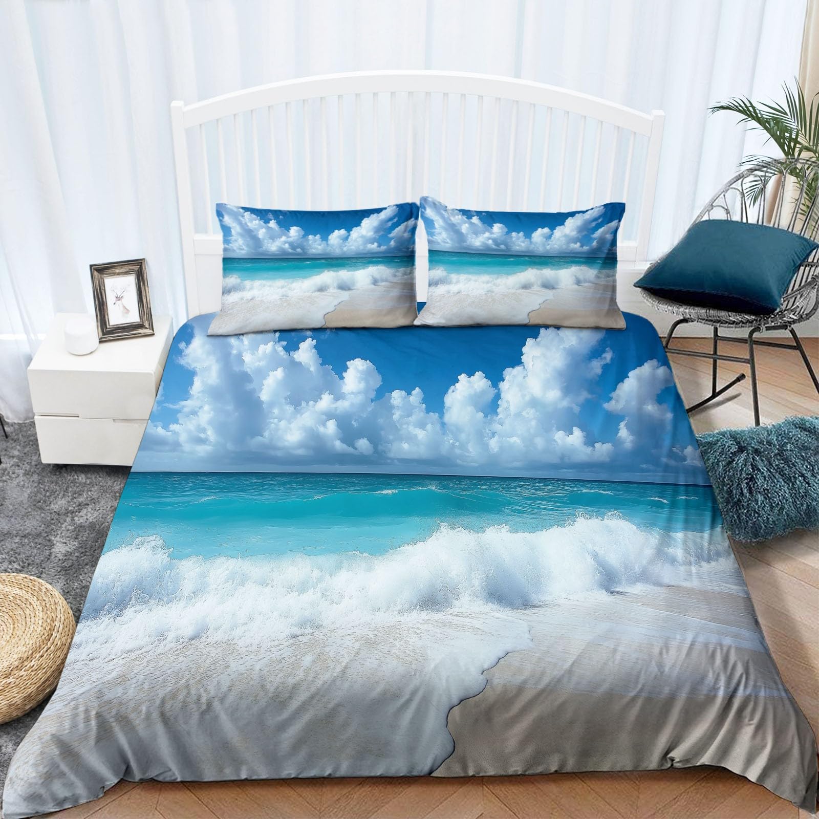 Funda Nordica Cama 90 de 3 Piezas Olas de la Playa del océano Juego de Funda Nordica 150x200 cm Suave Transpirable y 2 x Fundas de Almohada de 50x75 para Ropa de Cama Infantil Niño Chico Niña