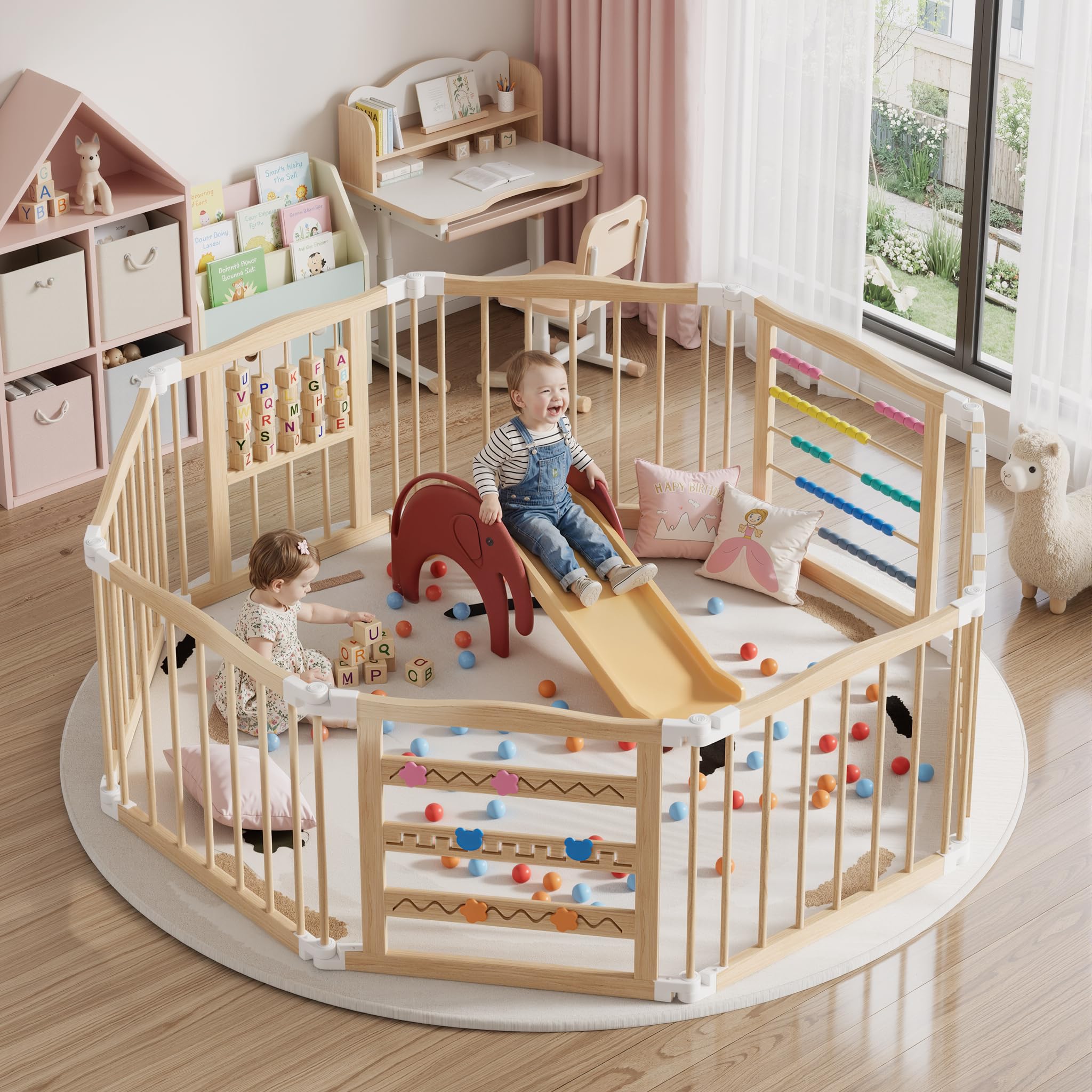 MSFE Parc Bebe Pliable Bois,8 éléments Playpen Baby avec Porte,Verrou de Sécurité et Jouets D'activités Montessori,Taille et Forme Réglables,Espace d'éveil Joyeux pour Bébés et Tout-petits