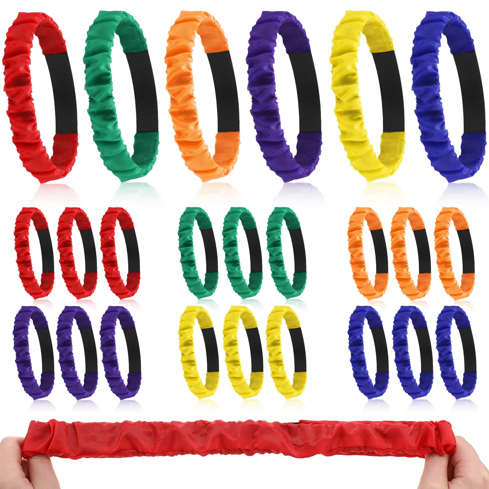 Photo 1 of 24 Pieces Legged Race Bands Colorful Elastic Tie Rope for Birthday Relay Race Game Carnival Field Day Backyard Indoor Outdoor Team Building Game Party Supplies, 6 Assorted Colors