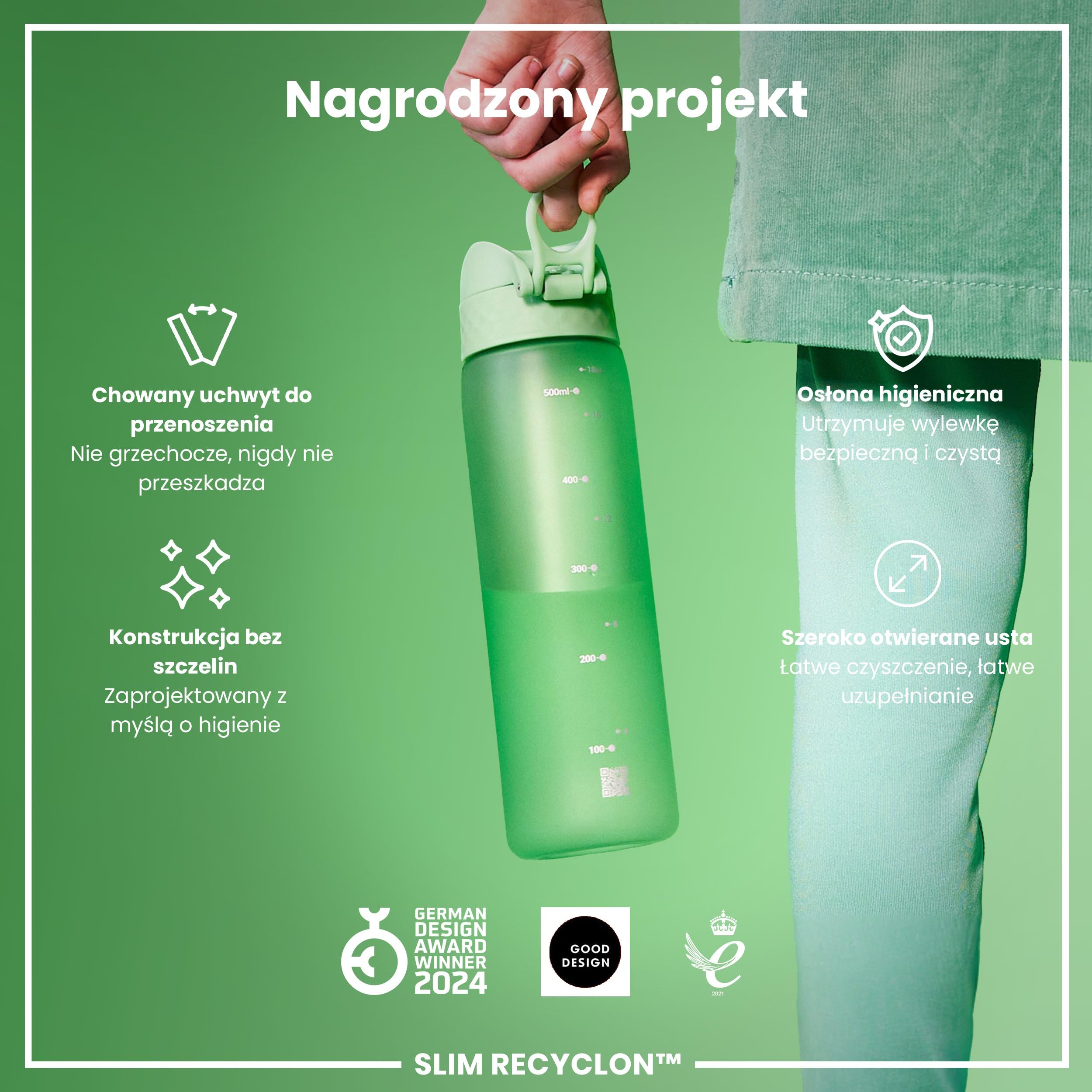 ION8 Butelka na Wodę, 500 ml/18 oz, Szczelna, Łatwe Otwieranie, Bezpieczny Zamek, Można Myć w Zmywarce, Bez BPA, Higieniczne Pokrycie, Uchwyt do Przenoszenia, Łatwa Czyszczenie, Bezwonny, Zielony Surf