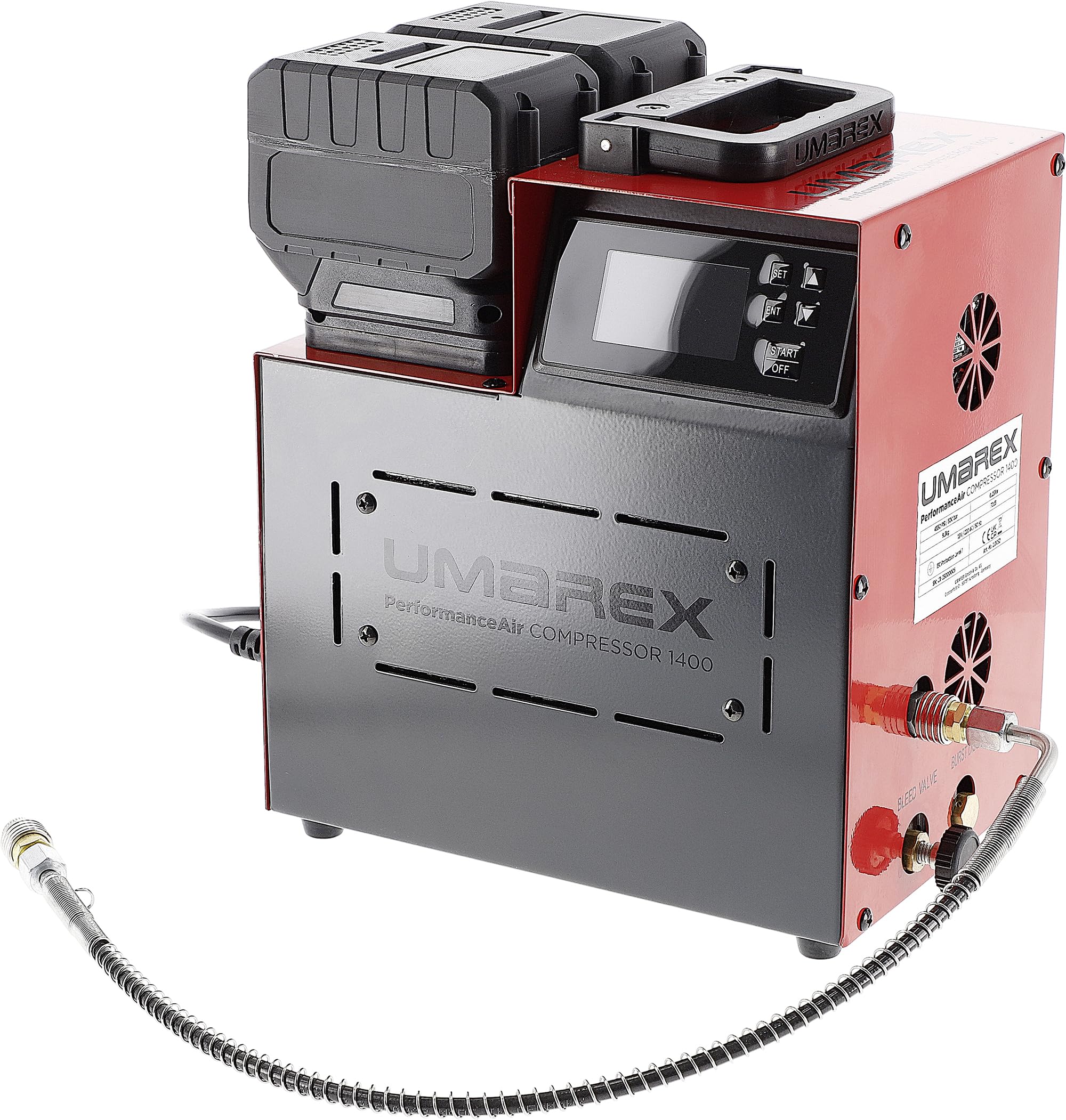 Umarex PerformanceAir 1400 PCP Compressore PCP, compressore portatile ad alta pressione fino a 300 bar, batteria o funzionamento a 230 V, connettore Foster, include 2 batterie agli ioni di litio e