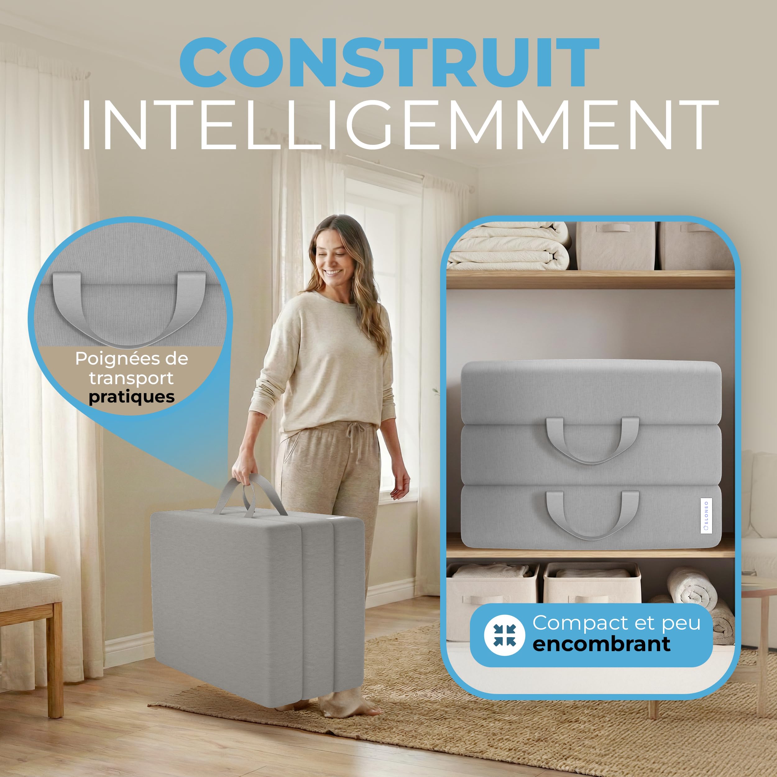 ELONEO Matelas Pliant, Matelas d'Appoint Pliable en 3 Parties, Mousse Extra Épaisse (15 cm), Lavable, Cube Intervertébral, Matelas Pliable, pour Adulte, 1 Personne (Gris, 90 x 200 x 15 cm)