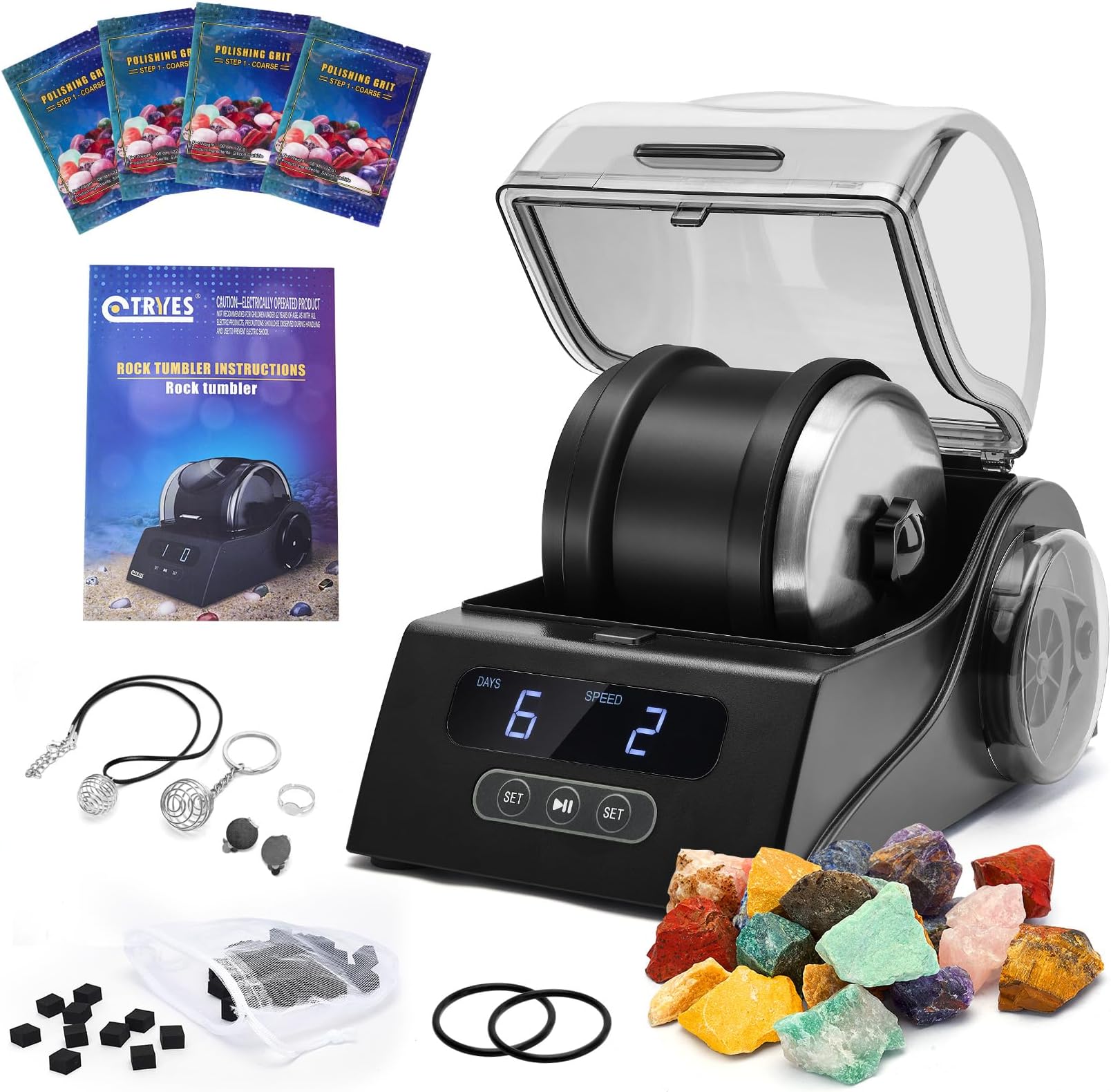 Rock Tumbler Kit Adults - Rock Polisher Tumbler with Noise Reduction Cover, Speed&Timer Control, Includes 4 Polishing Grits, Rough Gemstones, Learning Guide etc., Great Science Gift for All Ages