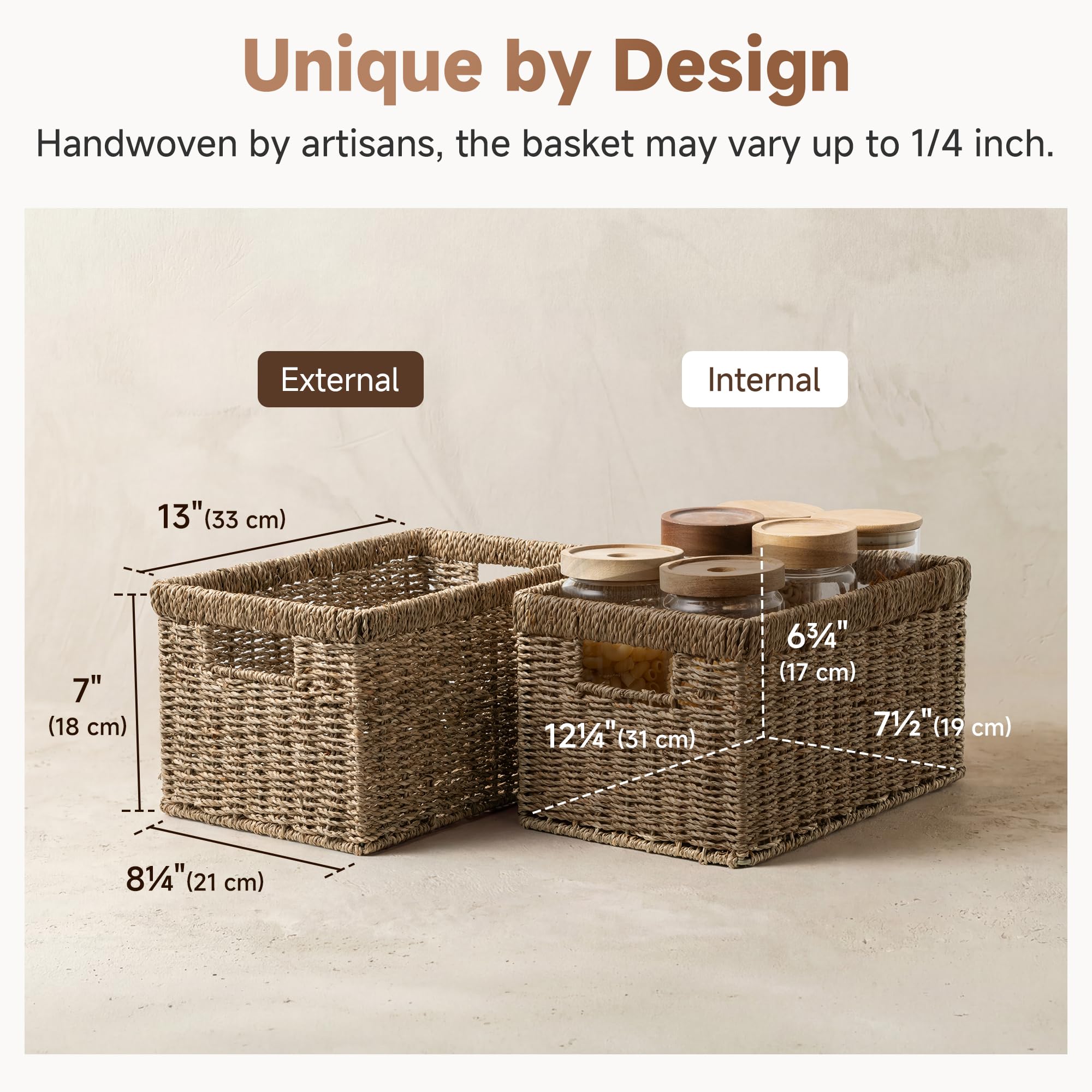 GAESHOW 2 Pezzi Cestino Portaoggetti con Manici in Legno, Cestini Portaoggetti Intrecciati, con Fodera Rimovibile, Cesto Vimini per Bagno, Cucina, Casa, Scrivania (Grigio