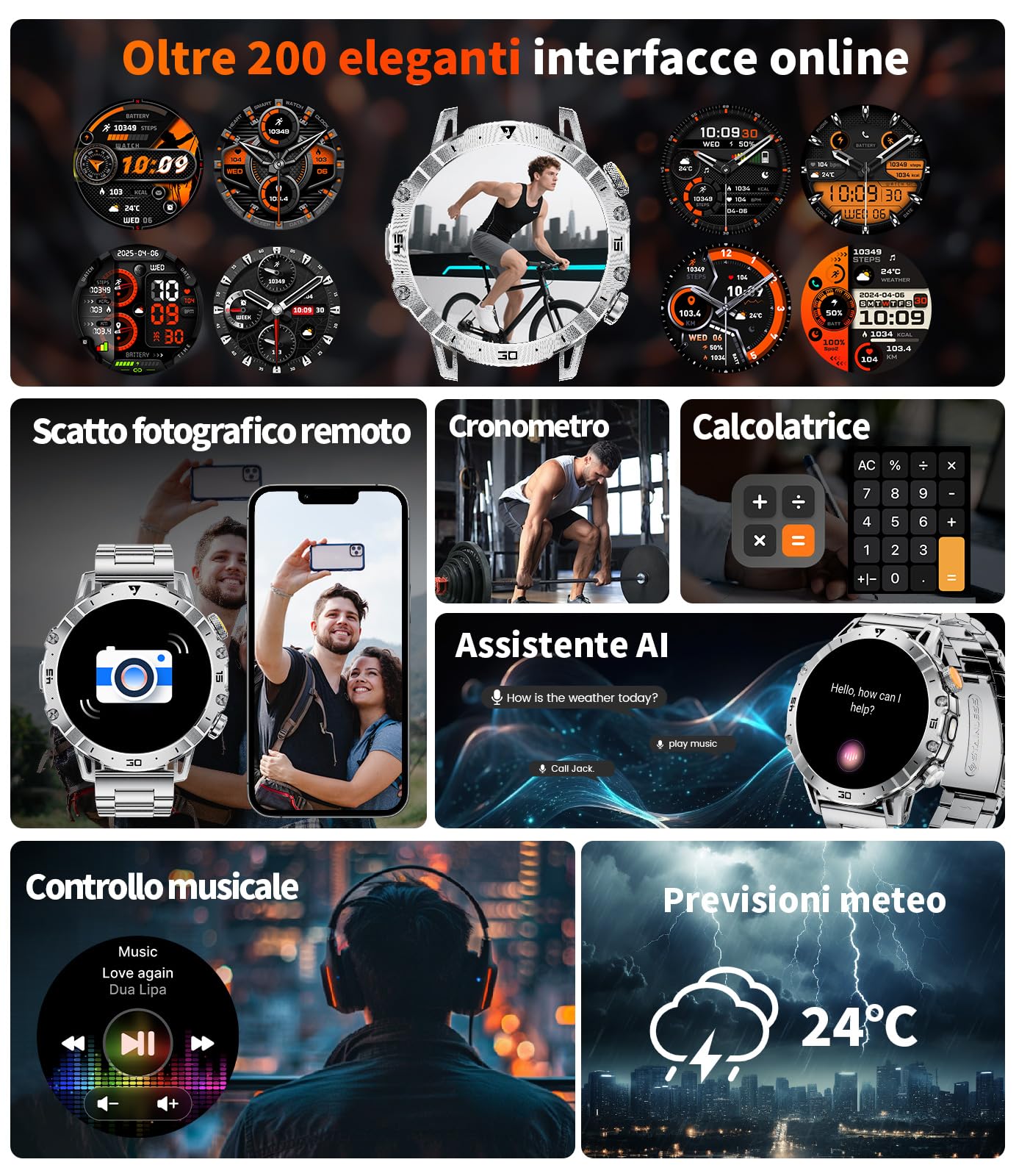 LIGE Smartwatch Uomo con 1000mAh/Torcia LED,Chiamata Bluetooth,1.7" Smart Watch Militare con 110+ Modalità Sportive,Impermeabile,Frequenza Cardiaca, Android iOS,3 Braccialetti+2 Caricabatterie,EF18-B