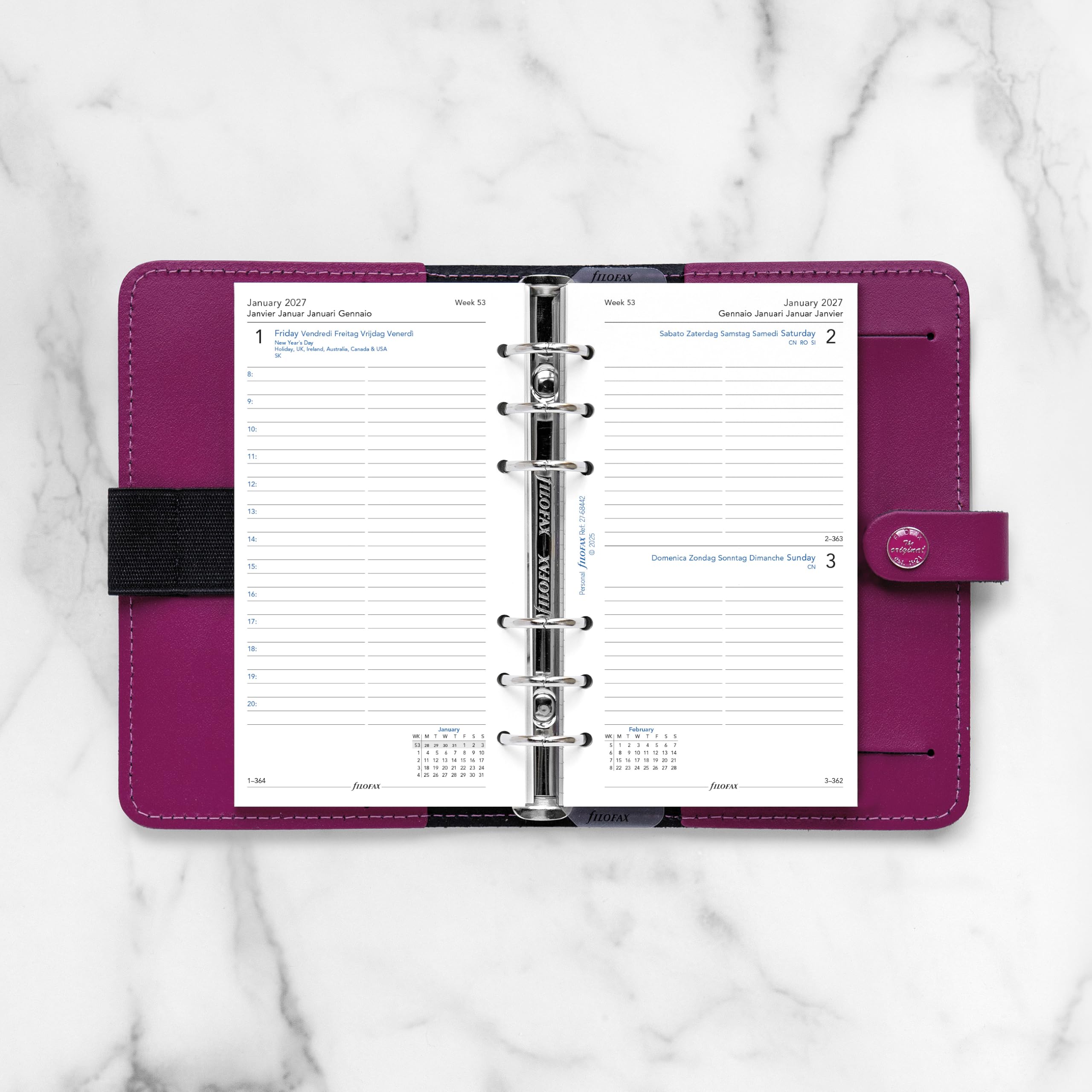 Filofax Recharge d'agenda 2027 - Format personnel/compact - 1 jour sur une page avec rendez-vous - Papier blanc - Multilingue : cinq langues - C68442-27