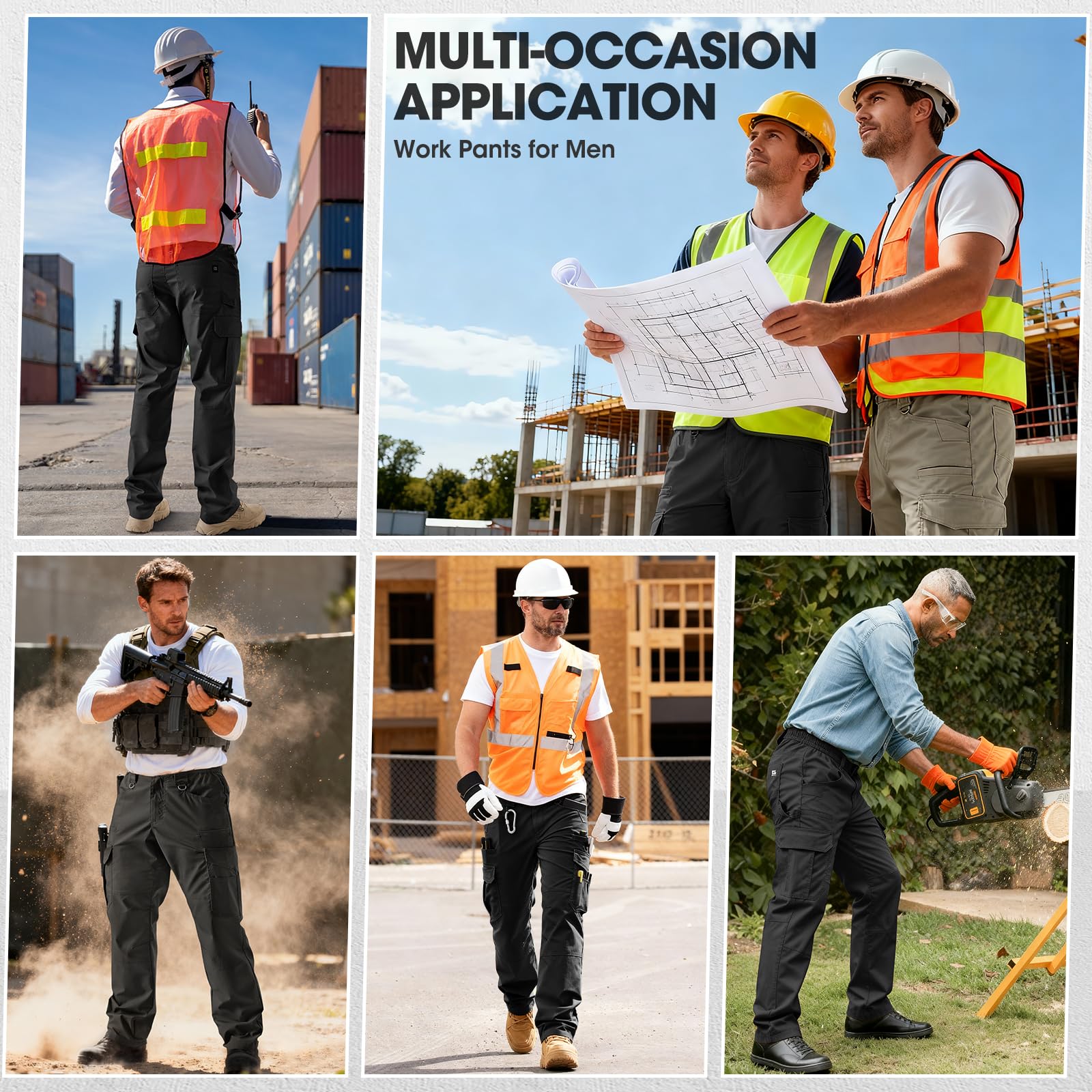 Pantalón de Trabajo Hombre Pantalones Cargo con Tejido elástico Anti-desgarro, Rodillas 3D, Doble Anillo D, Cintura elástica y Cremallera YKK para Construcción, Bricolaje y Outdoor