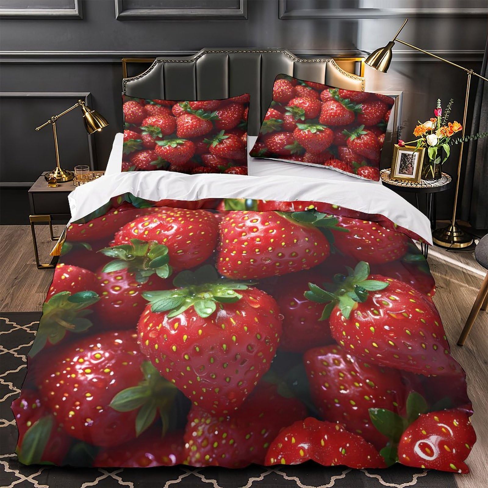 Housse de couette fraises en microfibre 135x200 cm avec sa parure de lit