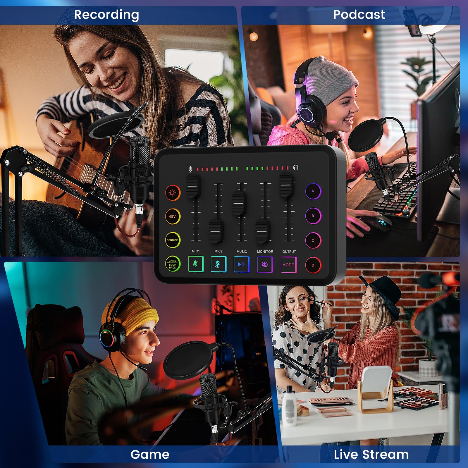 Pacchetto attrezzatura podcast, RGB Streaming Gaming Audio Mixer, Interfaccia audio per musicisti in streaming, Alimentazione phantom 48 V, Per lo streaming dal vivo, il podcasting, il canto, il gioco