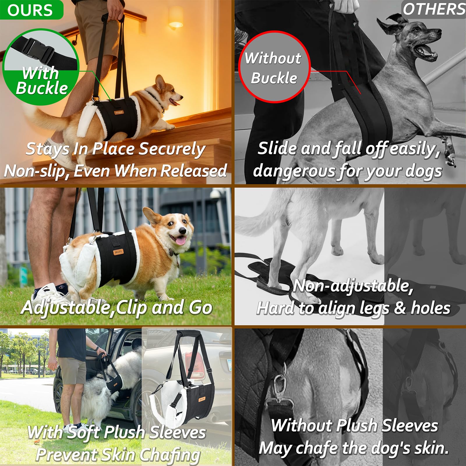 Arnés de elevación para perros grandes, soporte trasero ajustable para la pierna con acolchado y hebilla fija antideslizante, ayuda de recuperación de cirugía de displasia de cadera/ACL/TPLO, arnés