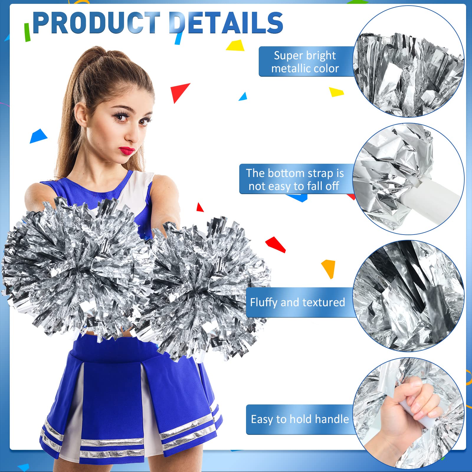 Yunsailing Cheerleading-Pompons mit Taktstockgriff, 36,7 cm, metallisch, Cheering Squad, Pompons für Teamsport, Fußball, Tanzen, Jubeln, Erwachsene, Silber, 24 Stück