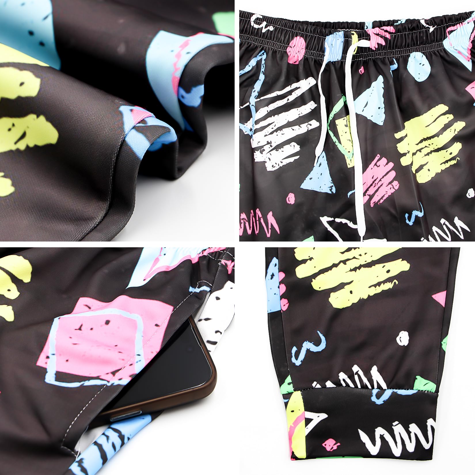 Pantalones Deportivos para Hombre de los años 80 y 90, Divertidos, para Entrenamiento, Correr, Estilo Retro, con Bolsillos, Negro -, L