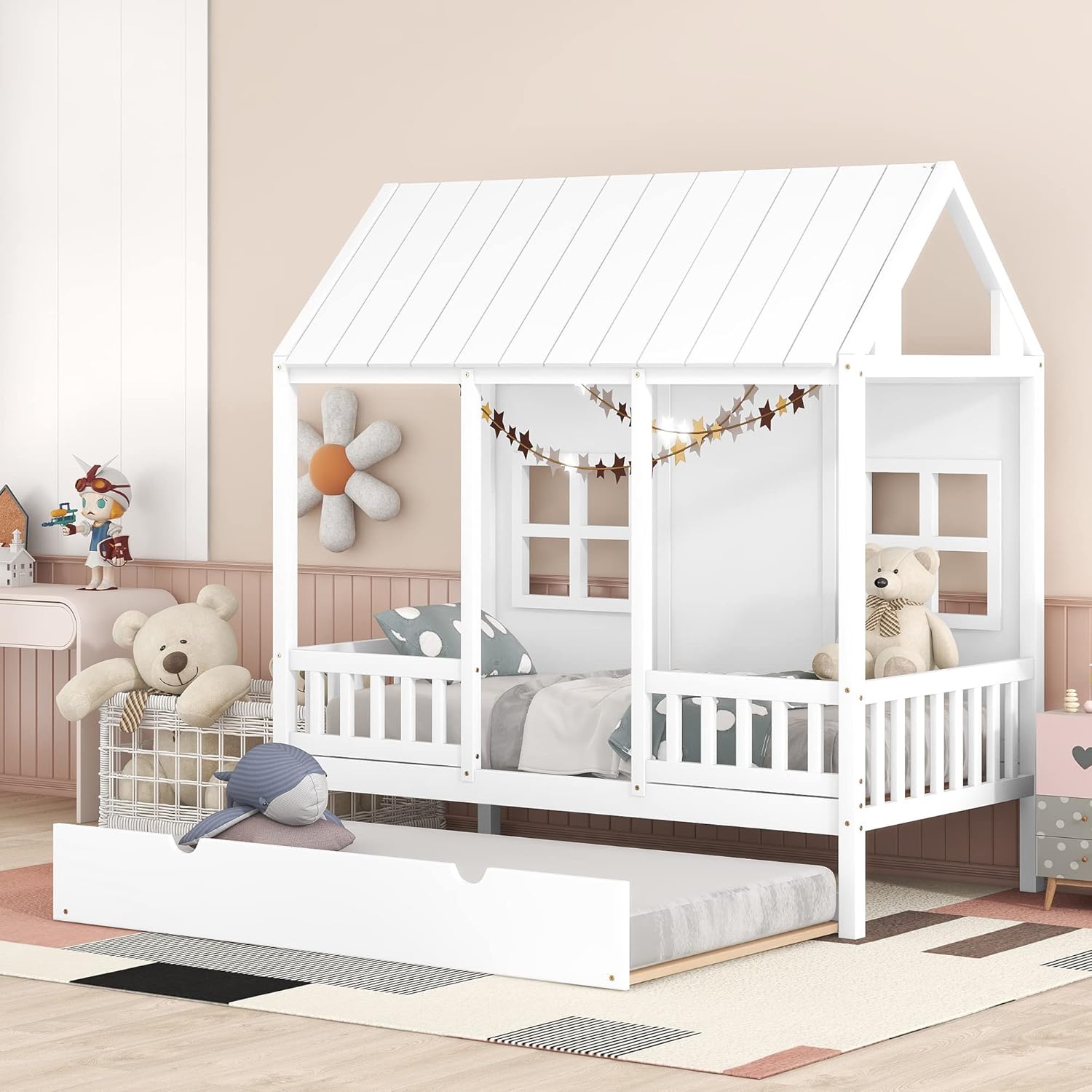 Harper & Bright Designs House Bed Twin with Trundle for