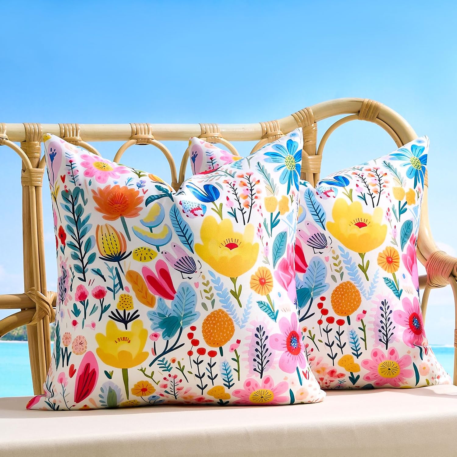 Outdoor Pillow Covers Waterproof Colorful Summer Spring 16x16 Inch Set of 2 Square Decorative Cushion Cover Zippered Patio Porch Outdoor Pillows Covers for Garden Sofa Couch Balcony Home Decor