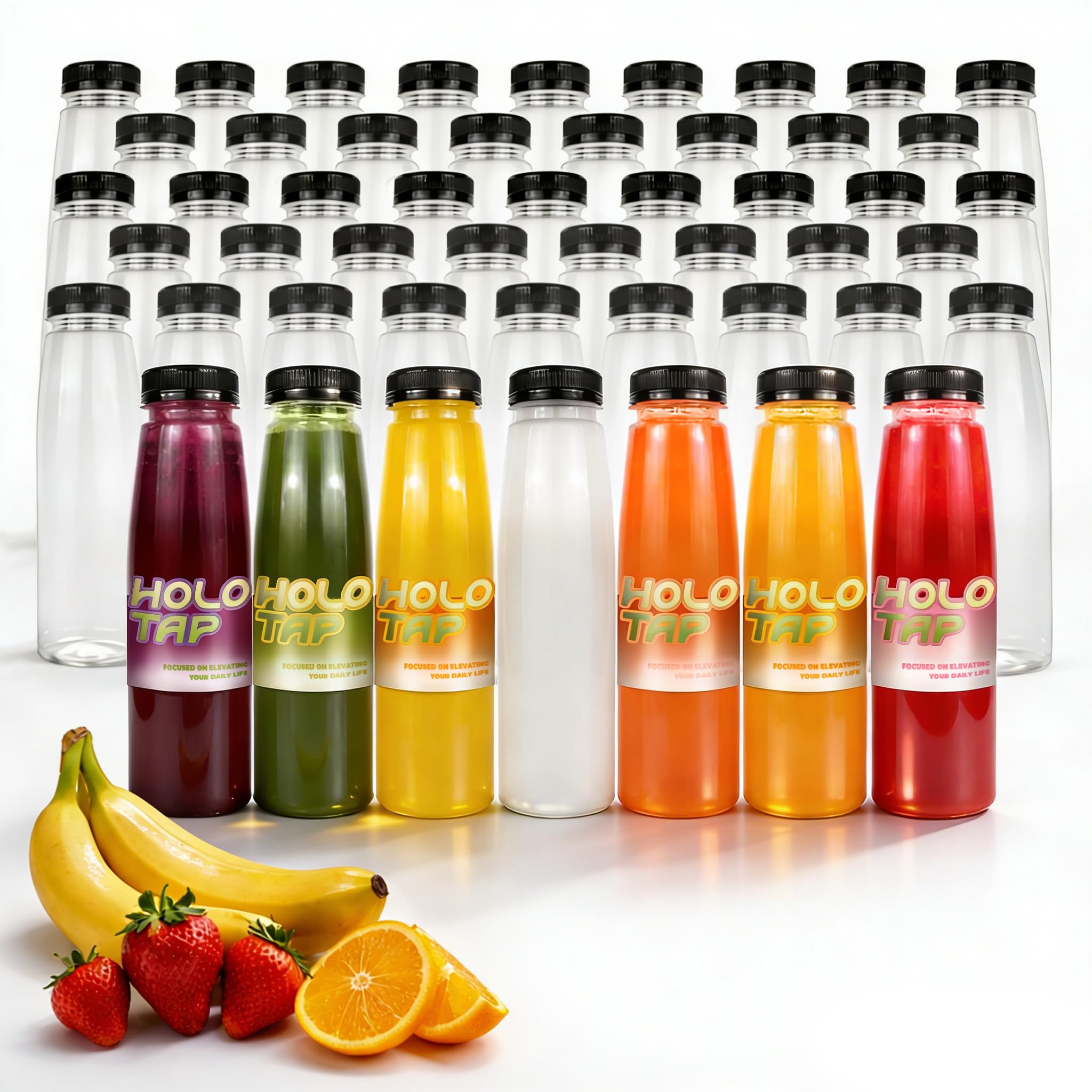 Holotap 48 Pack Empty PET Plastic Juice Bottles 8 OZ Clear Disposable Bulk Plastic Bottles for Liquids with Black Tamper Evident Caps (8 OZ, Black)