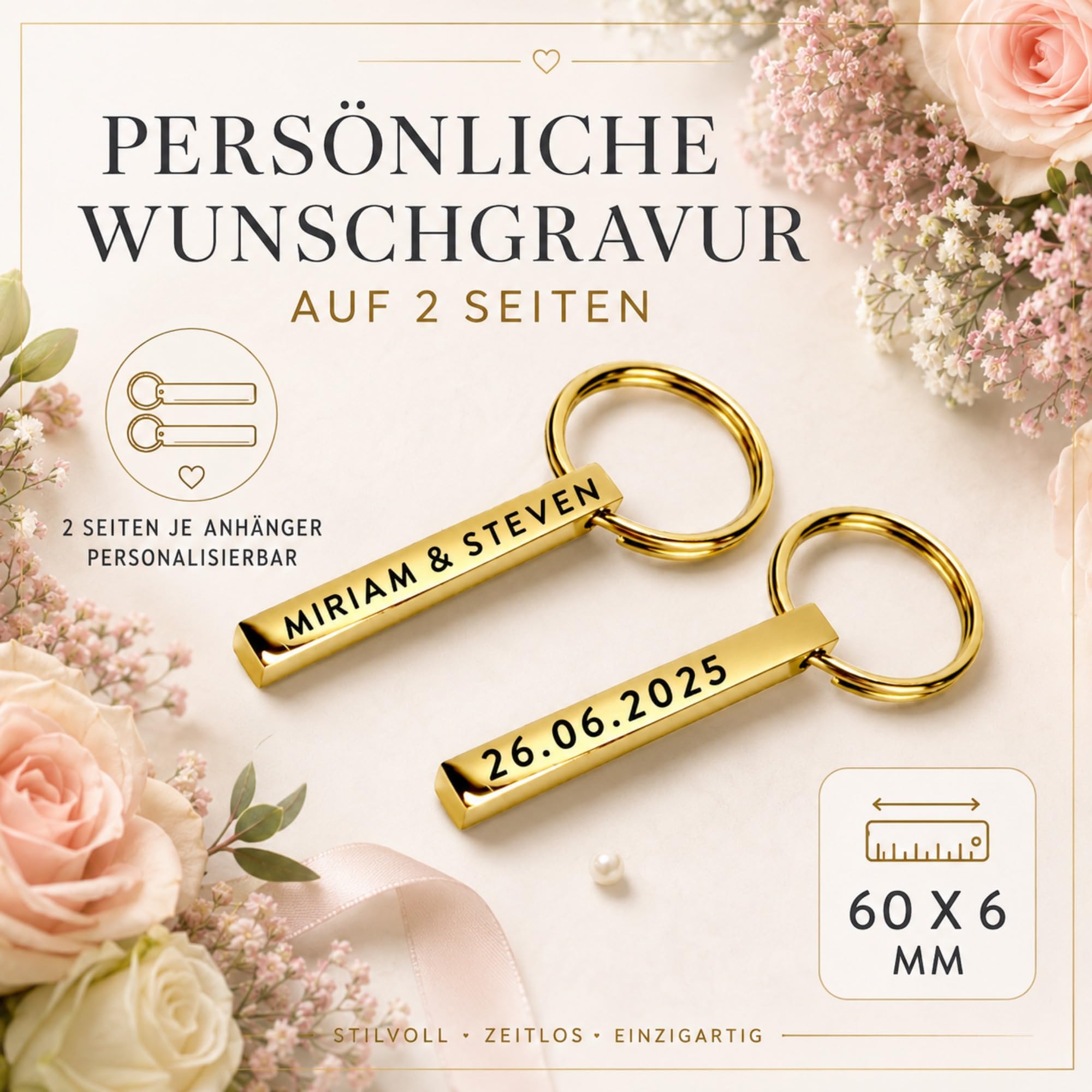 Geldgeschenk Hochzeit, Holzbox mit Schlüsselanhänger, Gravur