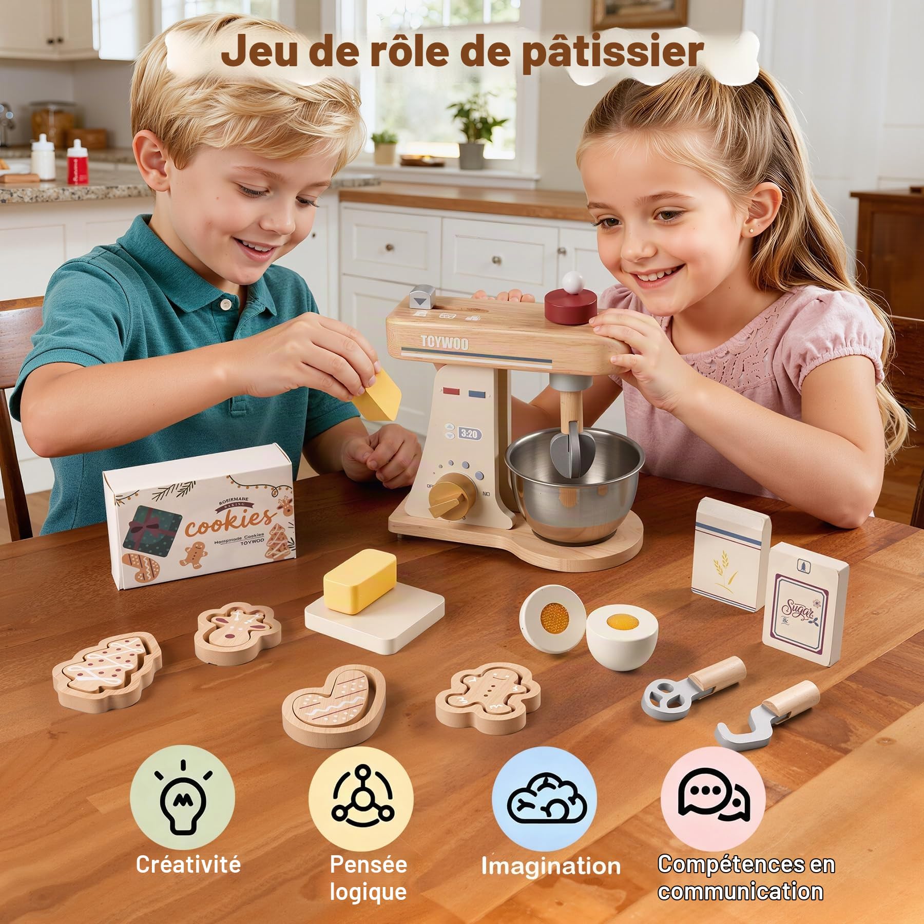 Mélangeur de jouets en bois pour enfants - Accessoires de cuisine en bois avec fouet, batteurs traditionnels, crochets à pâte, ensemble de cuisine - Cadeau pour garçons et filles à partir de 3 ans