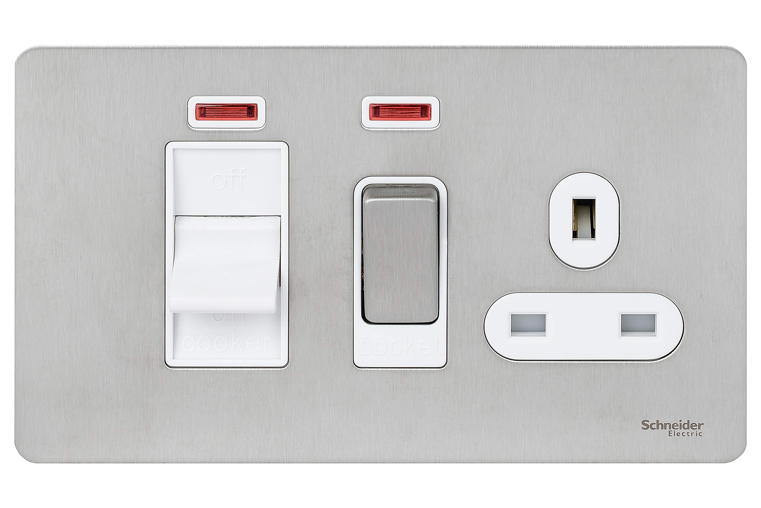 Schneider Electric Ultimate Screwless Flat Plate, Switched Cooker Control Unit with 13A Socket and Neon Indicator, 45A