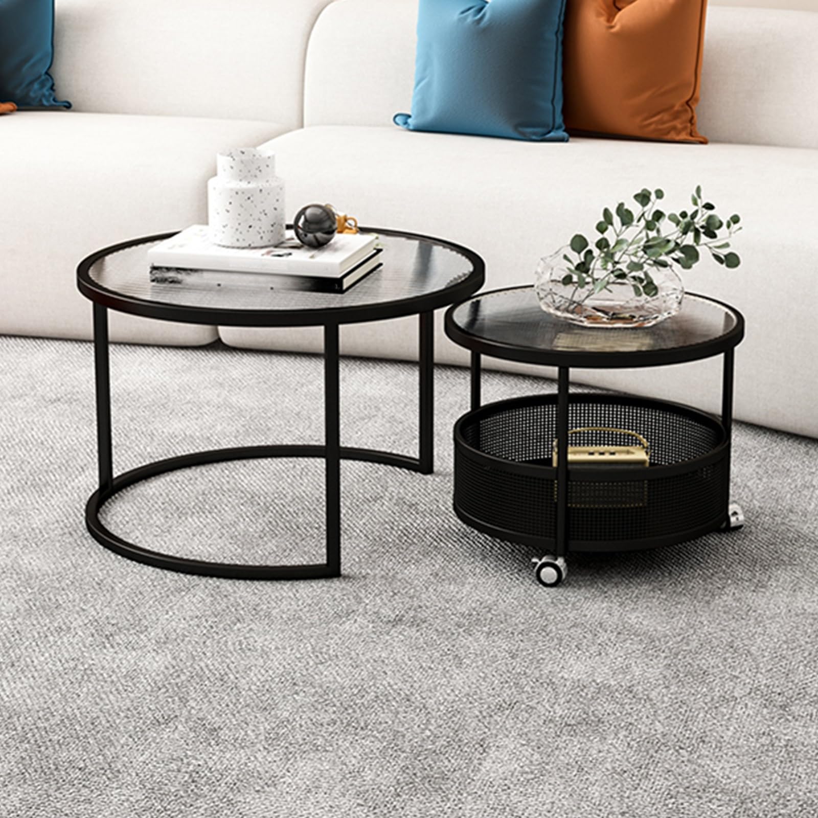 SXZenSpace Coffee Table Nesting White Set of 2, Movable Small Table, Stacking Side Tables, Carbon Steel Frame and Tempered Glass, Hollow Storage Design, Apartment(Black)