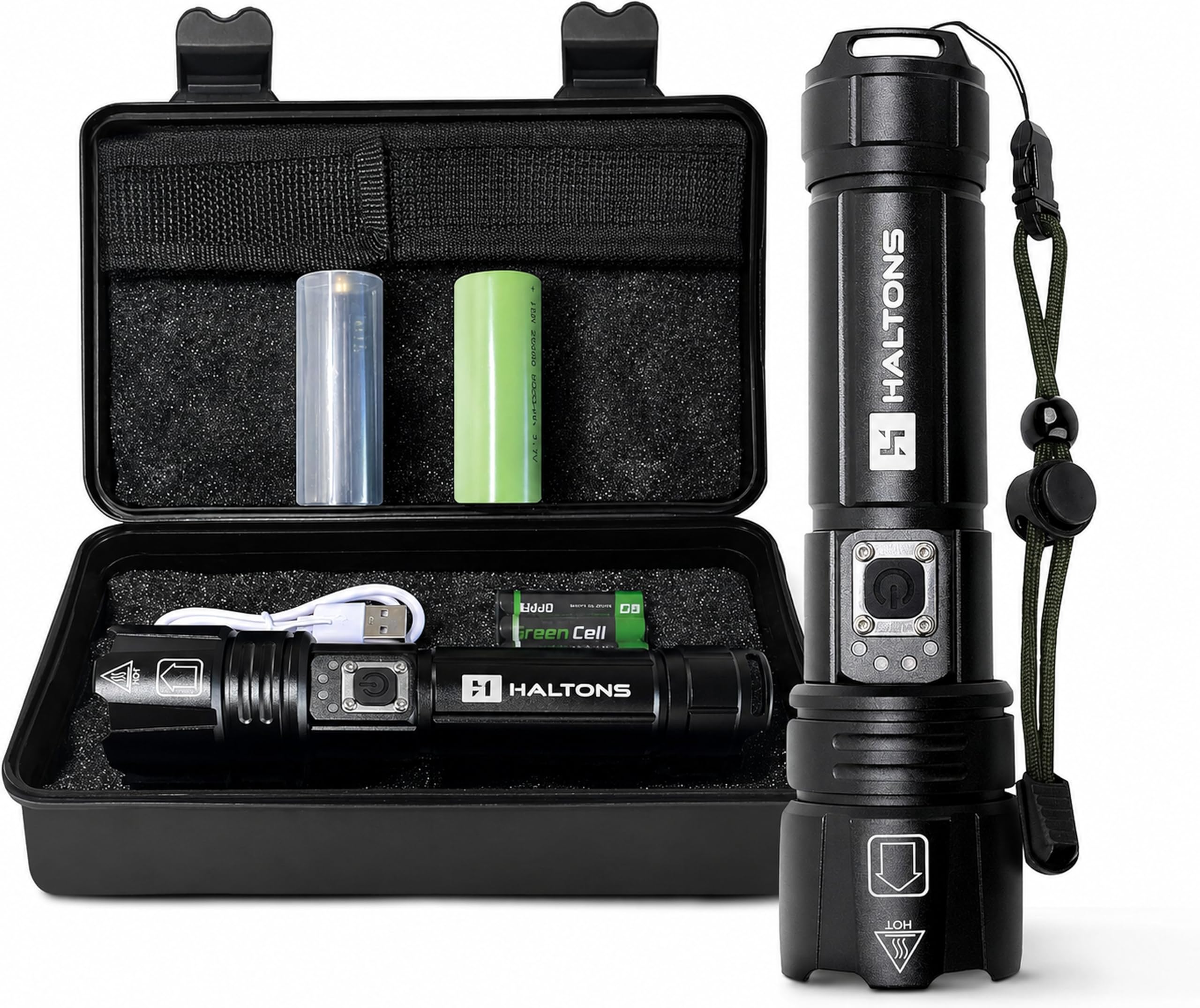 Haltons 10,000 Lumens Rechargeable Torch - Waterproof, Tactical, LED, Super Bright, USB-C Charging, Powerful Flash Light, Durable with Versatile Modes & SOS Mode - Ideal for Camping, Hiking & More