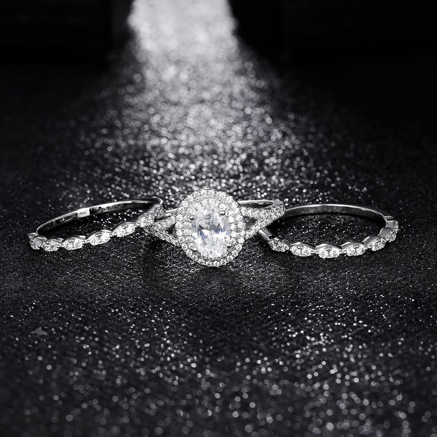 MDFUN 18K White Gold Plated Promise Ring for Women Cubic Zirconia Stackable Ring Set Three-in-One Oval Halo Wedding Engagement Promise Eternity Band - Image 5