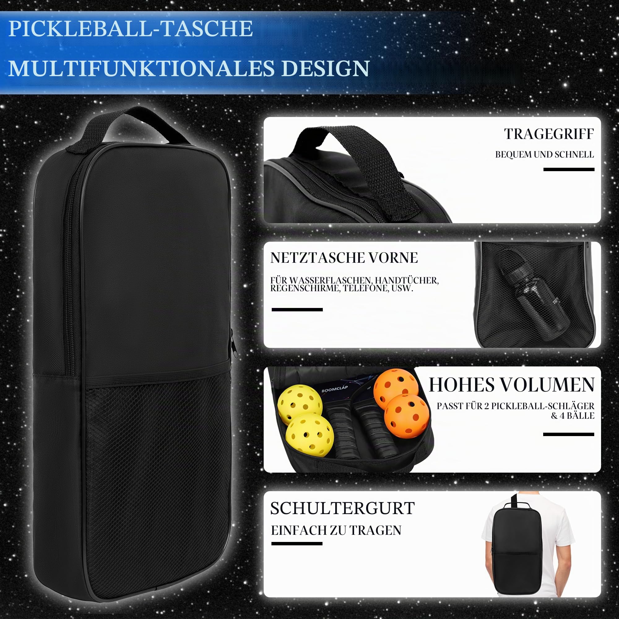 BOOMCLAP Pickleball-Paddel 2er-Set – Fiberglas-Oberfläche, komplett mit 2 Schlägern, 4 Bällen und tragbarer Tragetasche – ideal für Männer und Frauen