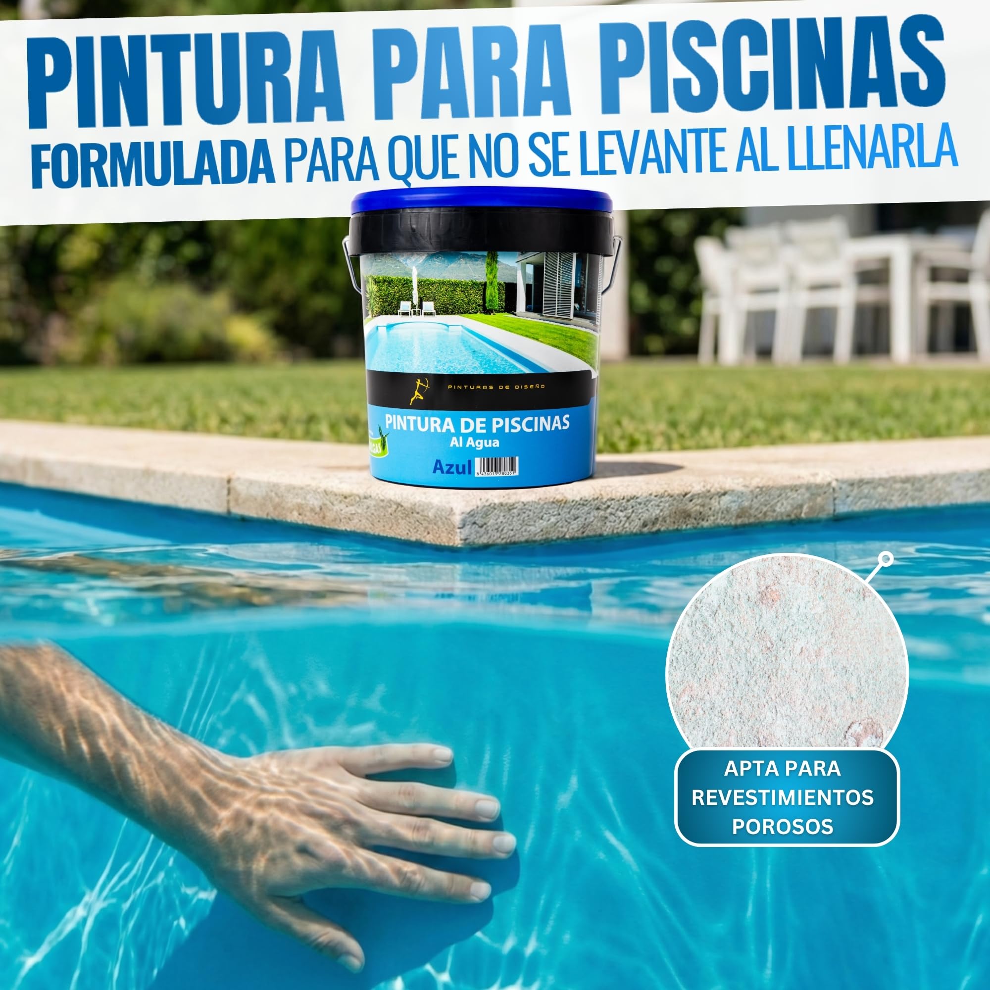 Pintura para Piscinas Al Agua Antialgas AZUL, 5 Litros Alta Resistencia Rayos UV Cemento, Hormigón Secado Rápido Aplicación Sencilla