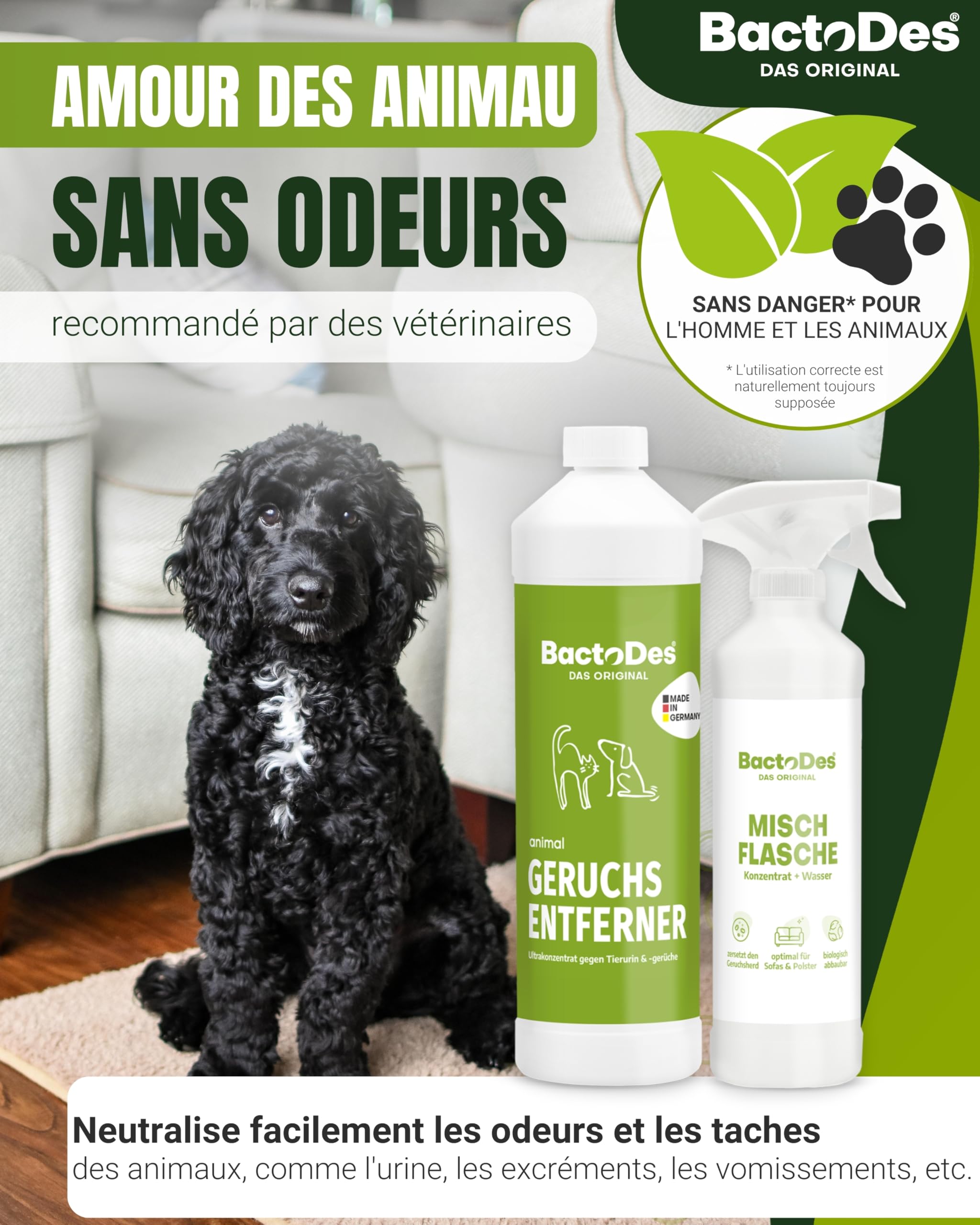 BactoDes - Désodorisant concentré animaux 1L avec vaporisateur mélangeur - Spray chat anti pipi puissant avec effet microbien bio - Anti odeur litiere chat - Anti odeur chien - Elimine les odeurs