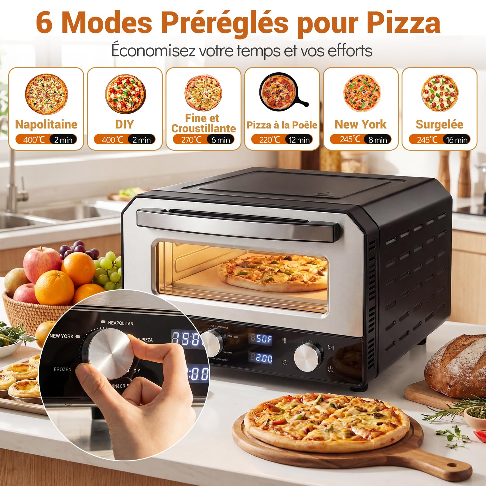 COSTW Four à pizza électrique, 1700W, Four de Comptoir avec 6 Programmes, pour Pizzas de 32 cm, Minuterie de 1 à 60 Minutes, Jusqu'à 400℃, Machine à Pizza avec Pierre à Pizza & Roulette à Pizza