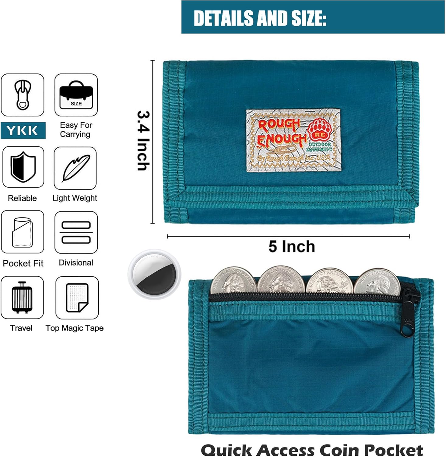 Rough Enough Kids Wallet for Boys Teens with Neck Lanyard Keychain Zipper Coin Pocket Card Holder Blue Soft Nylon - Image 3