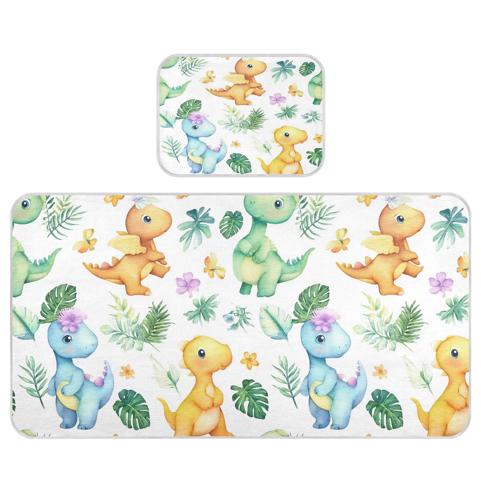 Bolaz Summer Sleeping Bed Pad, Cute Dinosaur Tropical Leave Pattern Cooling Mattress Set Breathable Bed Mat Ice Silk Mat + Pillow Cover for Toddler Boys Girls