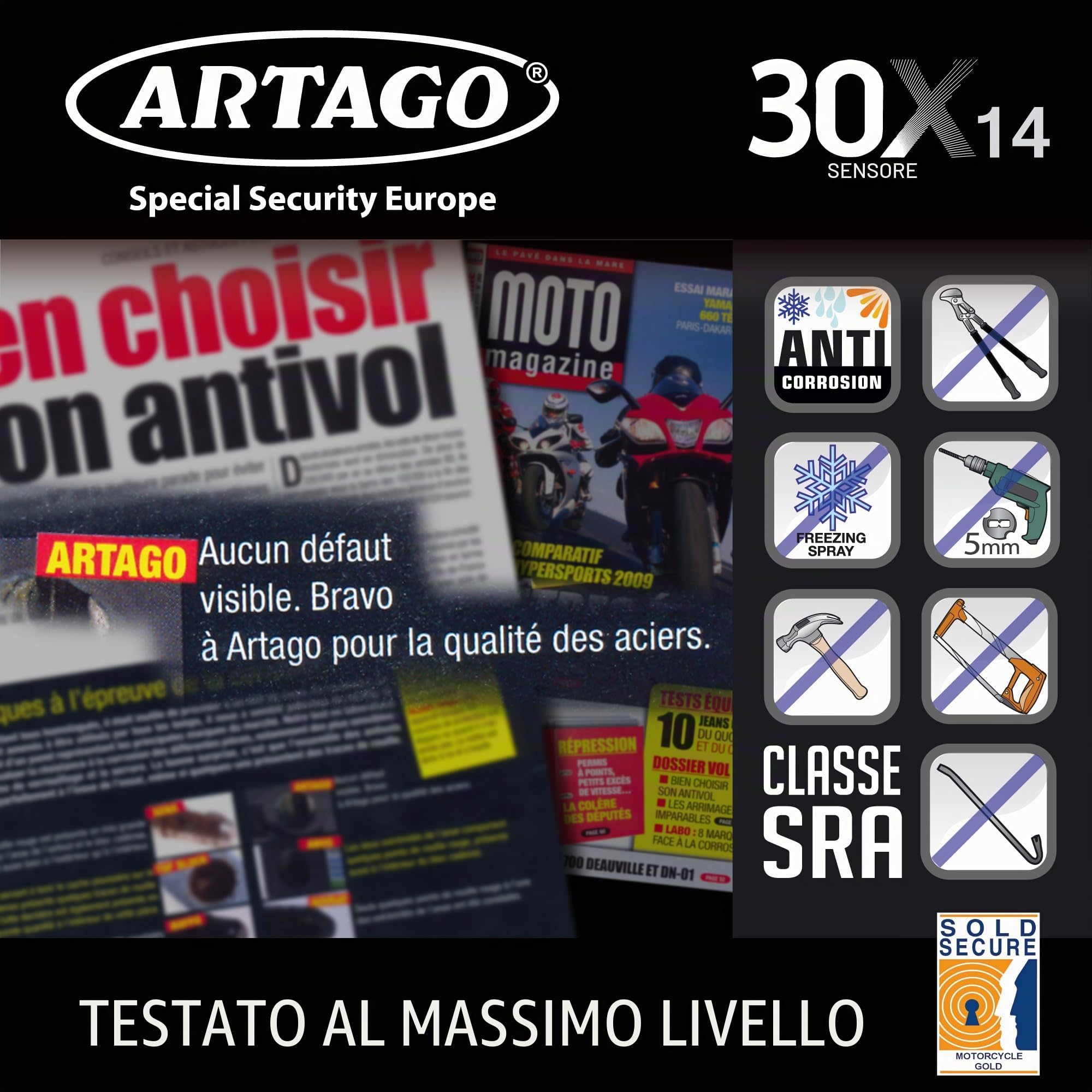 Artago 30X2 Pack Antifurto Bloccadisco con Allarme 120db Alta Sicurezza + Supporto per Yamaha MT-07 e Tracer 700, Omologato SRA e Sold Secure Gold