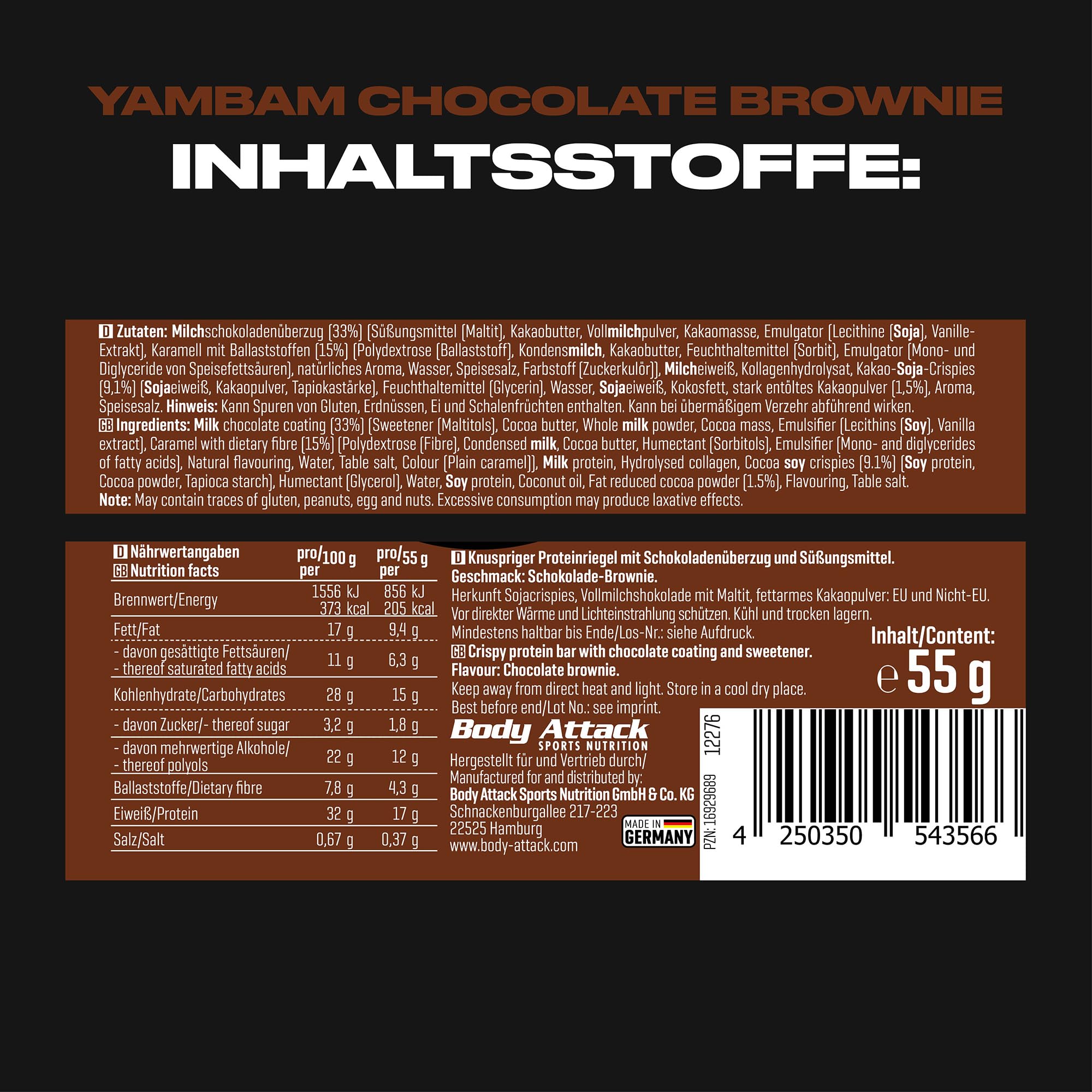 Body Attack Nutrition - Barretta Di Yambam Crunch In Lattina (15x55g) - Barrette proteiche - Barrette a basso contenuto di zucchero - Brownie