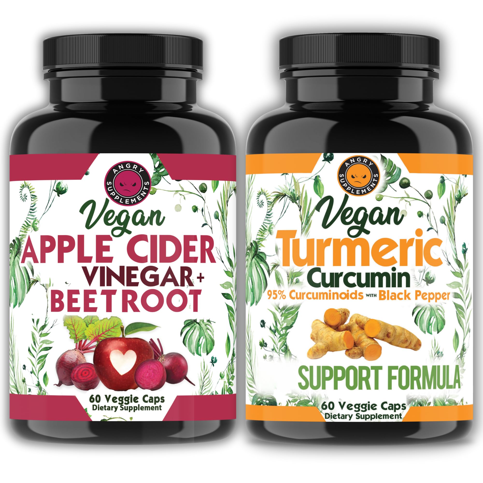 Angry Supplements Vegan Apple Cider Vinegar + Beet Root 60ct & Vegetarian Turmeric Curcumin 60ct- Plant Based Veggie Capsules for Men + Women (2pk-120ct) 120 Count (Pack of 1)