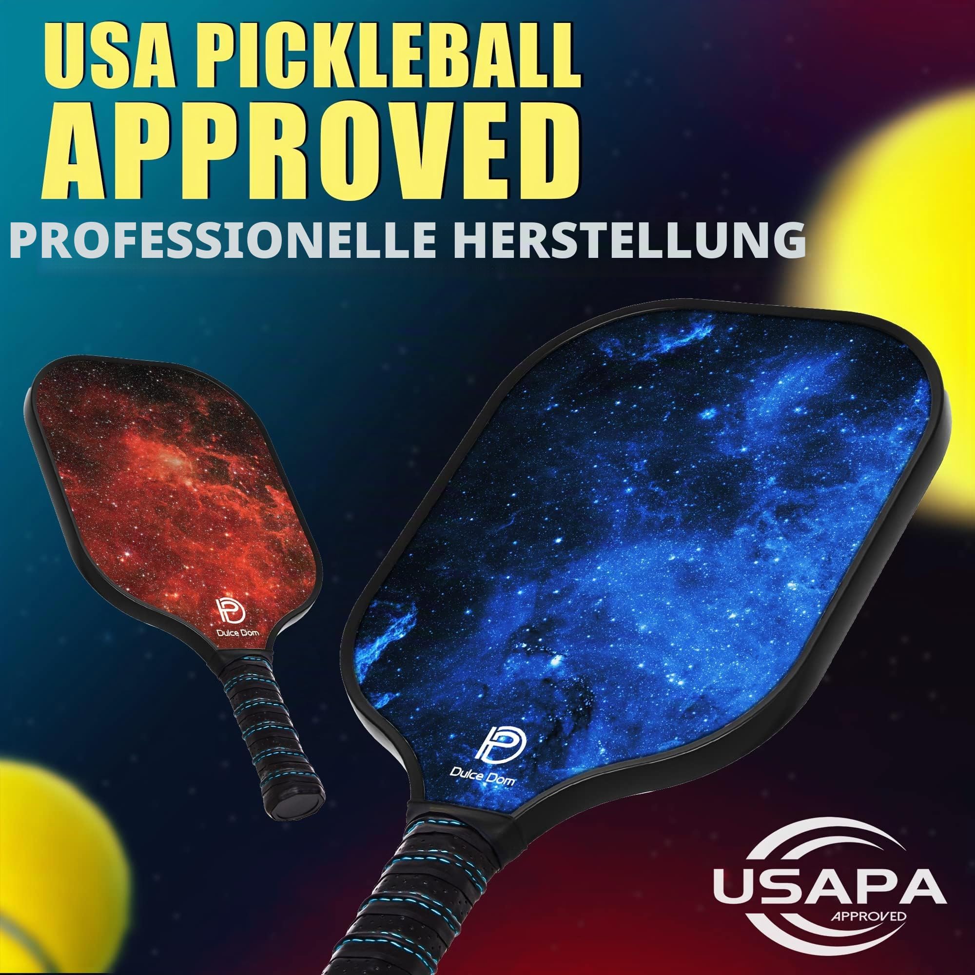DULCE DOM Pickleball-Paddel, 2er- / 4er-Set, USAPA-genehmigt, Fiberglas/Kohlefaser, Pickleballschläger mit 4 Pickleball-Bällen für drinnen und draußen, Pickleball-Tasche, ideales