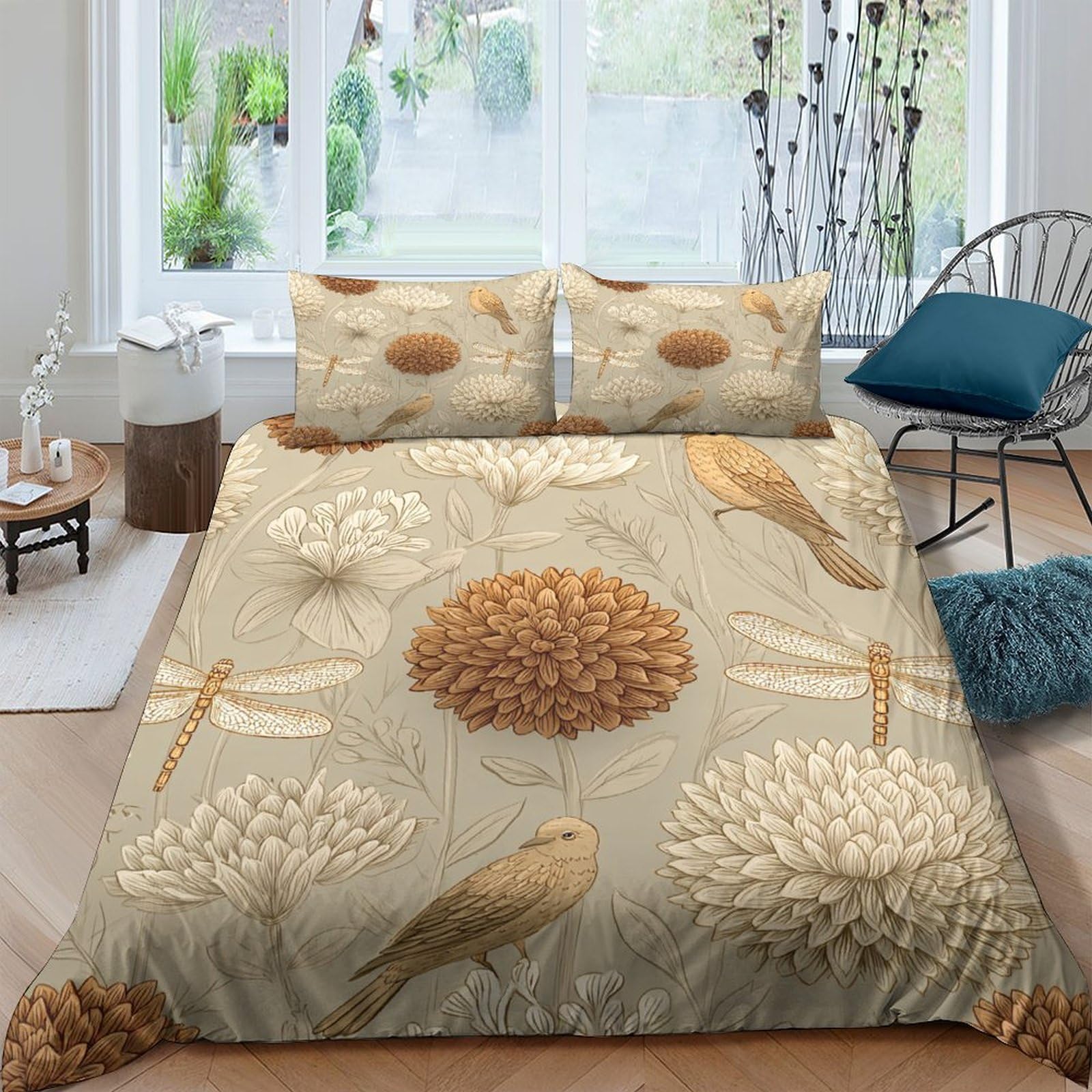 Ctjqhvkz Style-9 3D Printed Dandelion Bird Fitted Sheet Microfiber Soft Beige Botanical Mattress Cover Bedroom Decor Single（135X200cm）