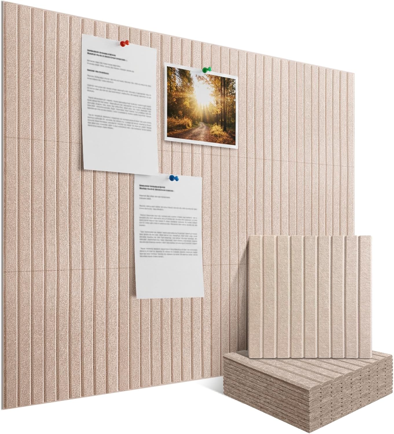 Large Felt Bulletin Board for Wall, 12-Pack 48" x 36" Oatmeal Grooved Felt Board with Adhesive Backing, Cork Alternative Memo Pin Board, Acoustic Fabric Tiles for Home Office, Classroom & Wall Decor