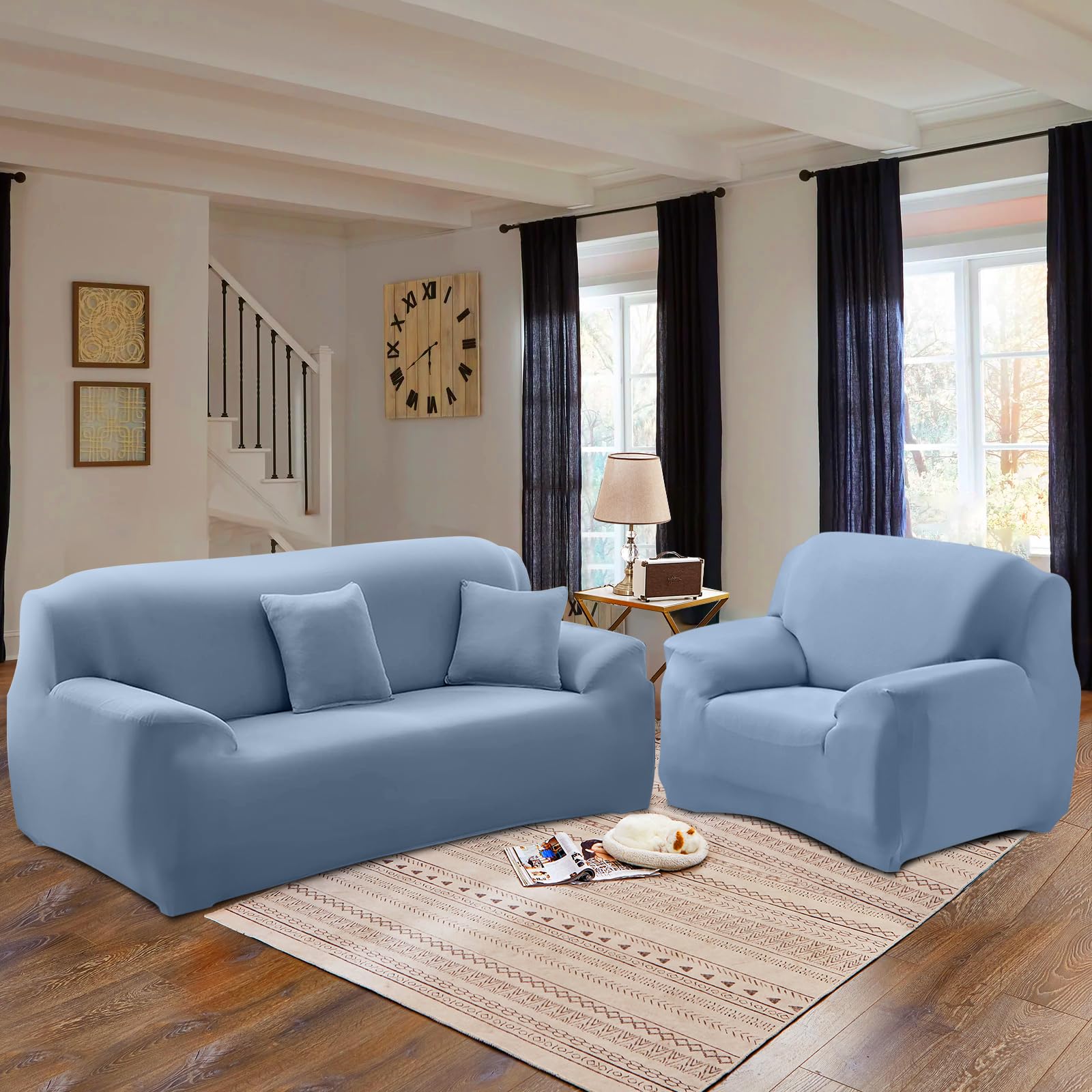 FIGOOO Copridivano 3 Posti Elasticizzato Copridivano con Braccioli a Tinta Unita Copridivano Fantasia Lavabile Spandex Fodera per Divano Universale Antiscivolo Copertura per Divano,Grigio-Blu