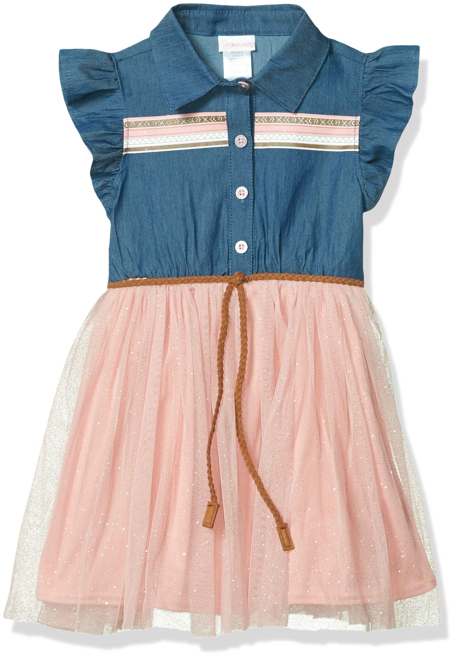 Youngland Girls' One Size Chambray Glitter Mesh Dress with Belt