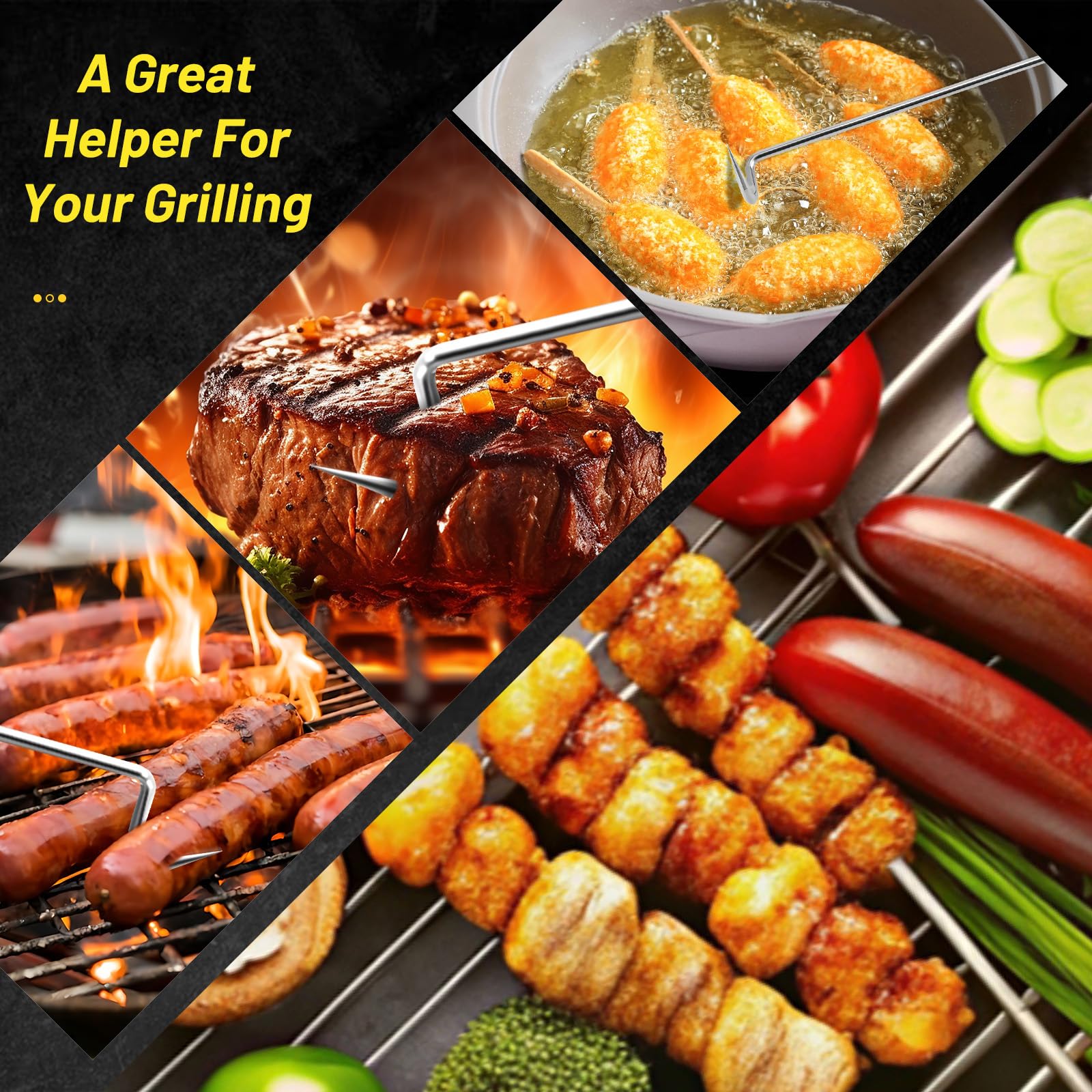 Sharplace Grill Fleischhaken mit Holzgriff, BBQ Fleischwender Haken, Universeller Grillhaken für Fleisch, Stabiler Grillaufnehmer zum Wenden, Heben und Transportieren für Wurst Gemüse, 44 cm x 3,7 cm