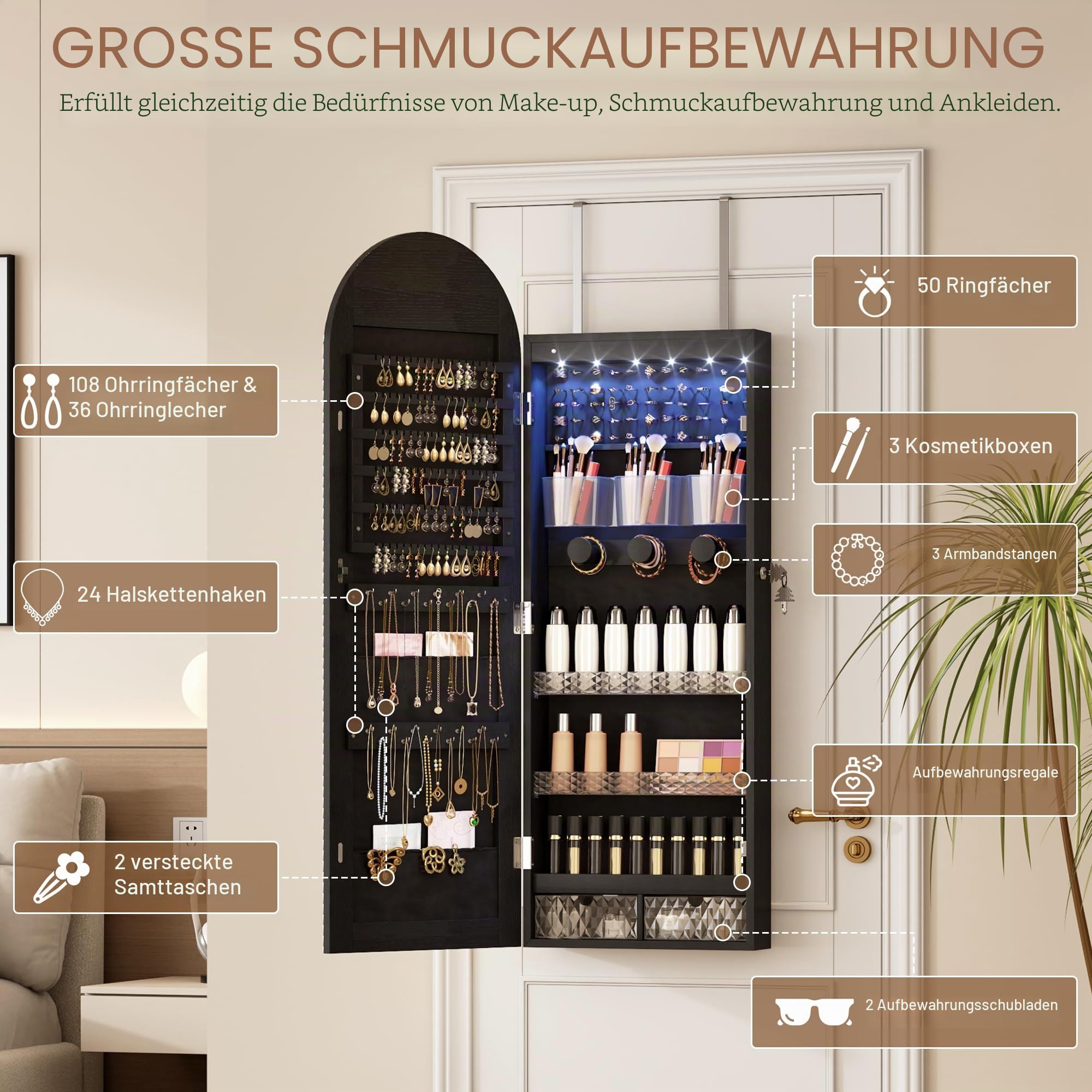 LVSOMT LED Gewölbter Schmuckschrank Hängend, Schmuckschrank mit Spiegel und Licht, Wand/Tür Hängend Schmuck Schrank Abschließbarer, Bogen Spiegel mit 3 Farben Licht, Höhenverstellbarer Haken, Schwarz