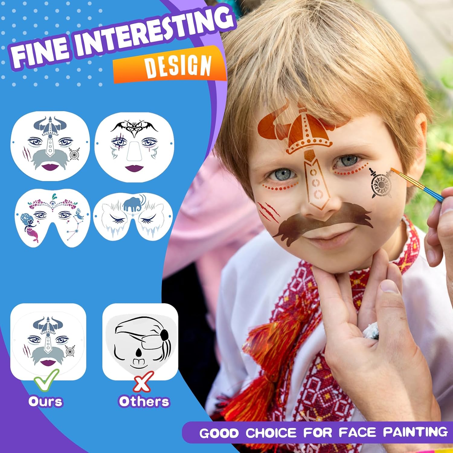 45 Pieces Face Paint Stencils Kit, 26 Reusable Face Painting Stencils with 4 Stickers 10 Painting Brushes, Face Body Painting Stencils for Kids Adult Halloween Party Makeup - Image 2
