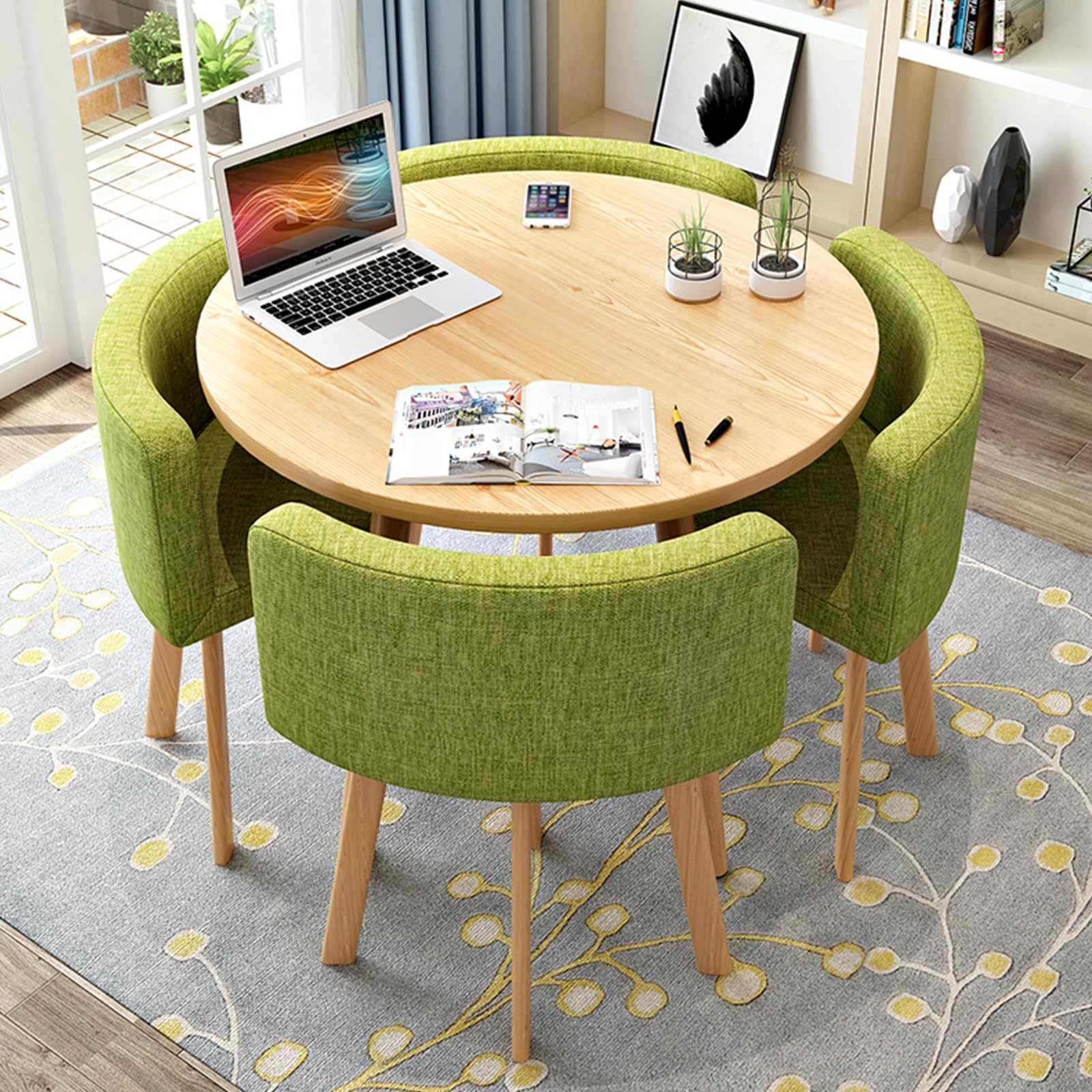 ASerZenith Space-Saving Round Dining Table Set For 4 With Chairs, Strong Metal Frame Kitchen Office Conference Table, Modern Casual Coffee Table For Apartment,Greena-D 31.5Inch/80Cm
