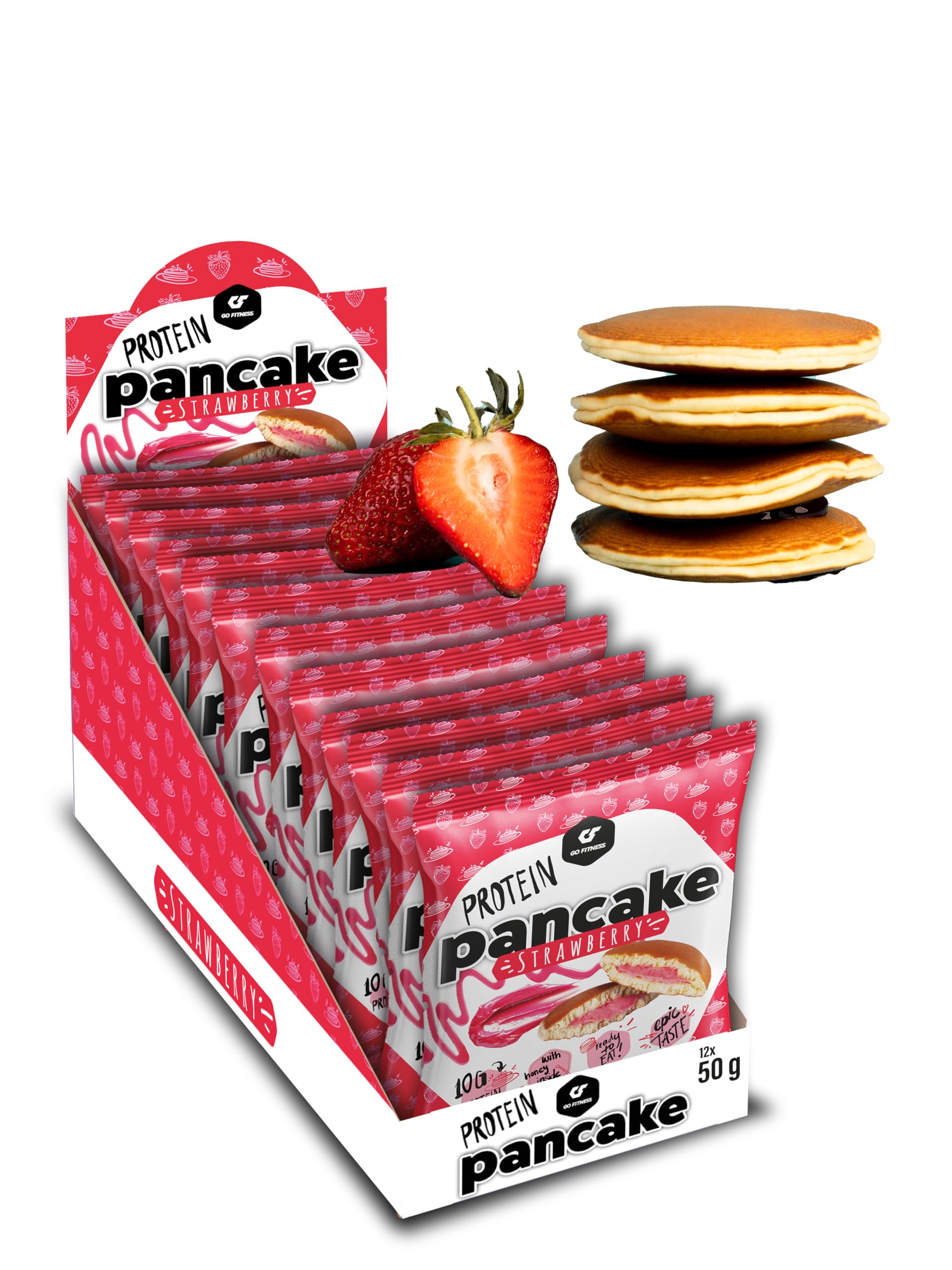 Go Fitness Protein Pancakes - [12 x 50 gramm ] Erdbeere High Protein Snack, frisch gebacken & extrem lecker - Eiweißriegel alternative mit 13g Eiweiß pro Pancake
